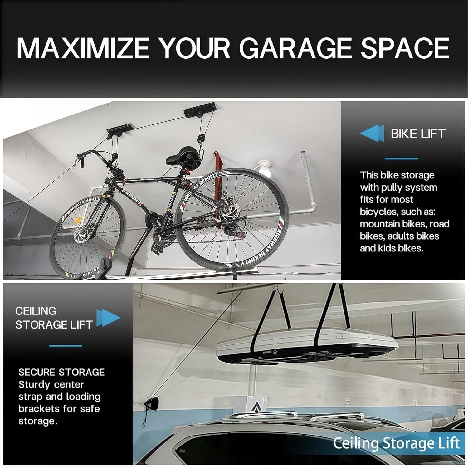 Cargo Box Ceiling Hoist u2013 Garage Pulley Lift System for Rooftop Cargo Carrier Fits Garage or Shed with 100lb Capacity for Bicycles or Ladders or Roof Luggage Box or Roof Luggage Frame - Image 3