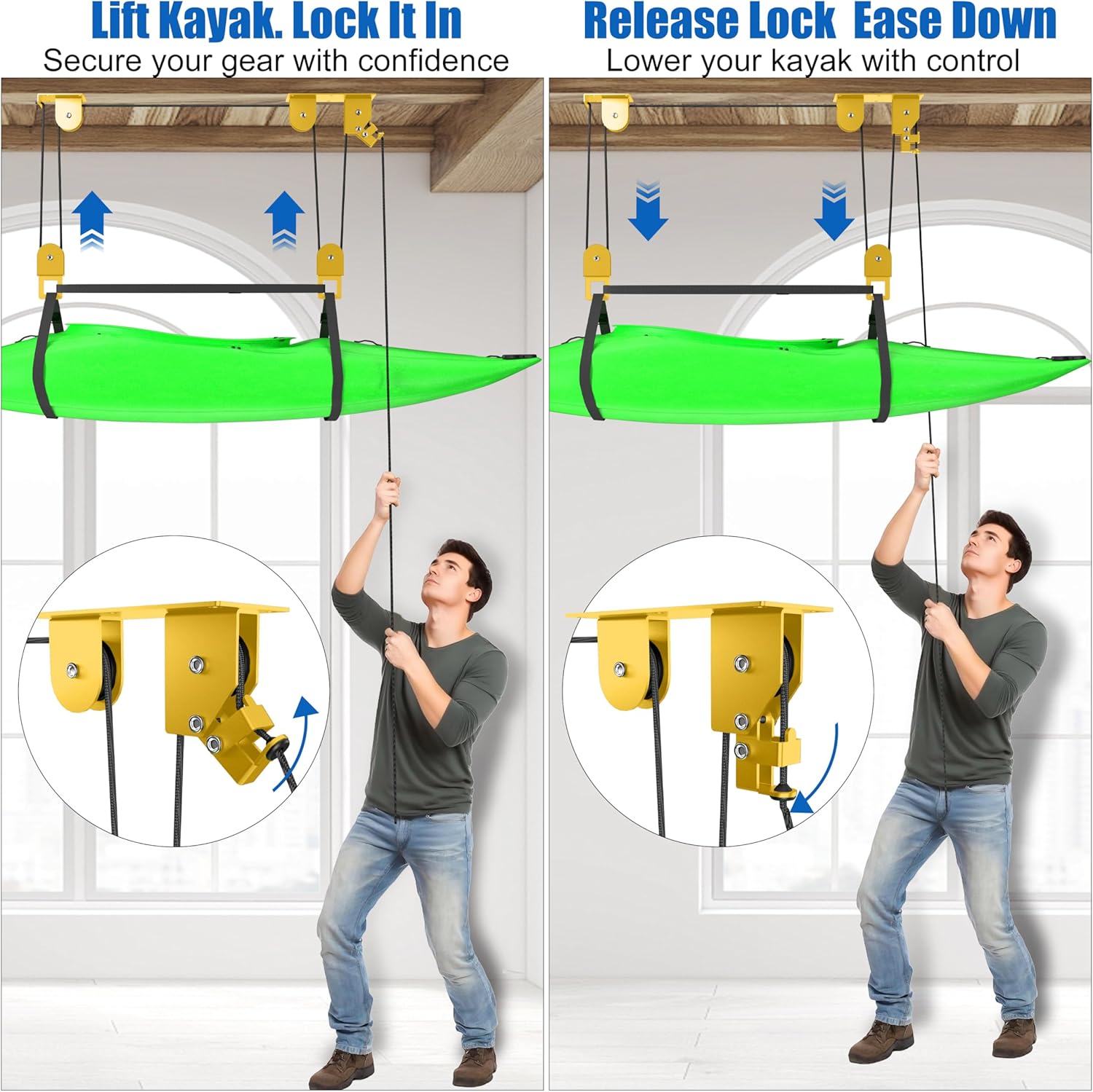 Alternative view of Kayak Hoist for Garage Ceiling Storage, Kayak Lift Pulley System with 85 lbs Capacity for Lightweight Kayak, Ladder, Bike, Surfboard
