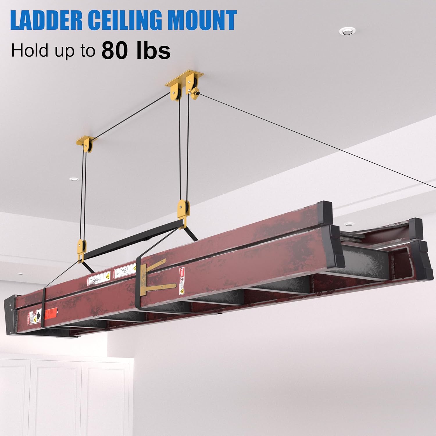 Ladder Storage Pulley Hoist, Self Locking Function Ladder Hanger, Garage Ceiling Mount Lift System for Lightweight Kayak, Ladder, Bike, Surfboard, Hold 80 lbs