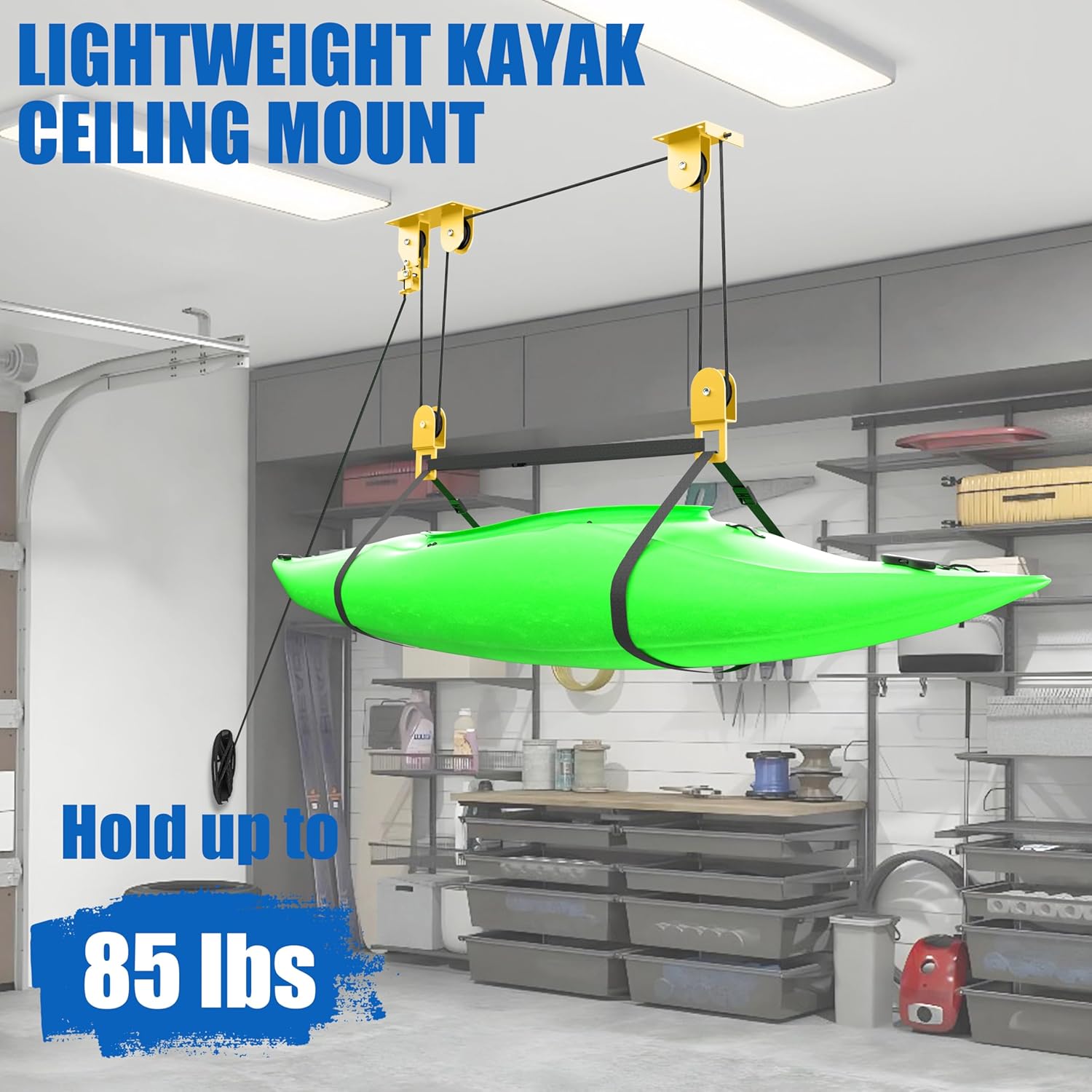 2 Pack Kayak Hoist for Garage Ceiling Storage, Kayak Lift Pulley System with 85 lbs Capacity for Lightweight Kayak, Ladder, Bike, Surfboard