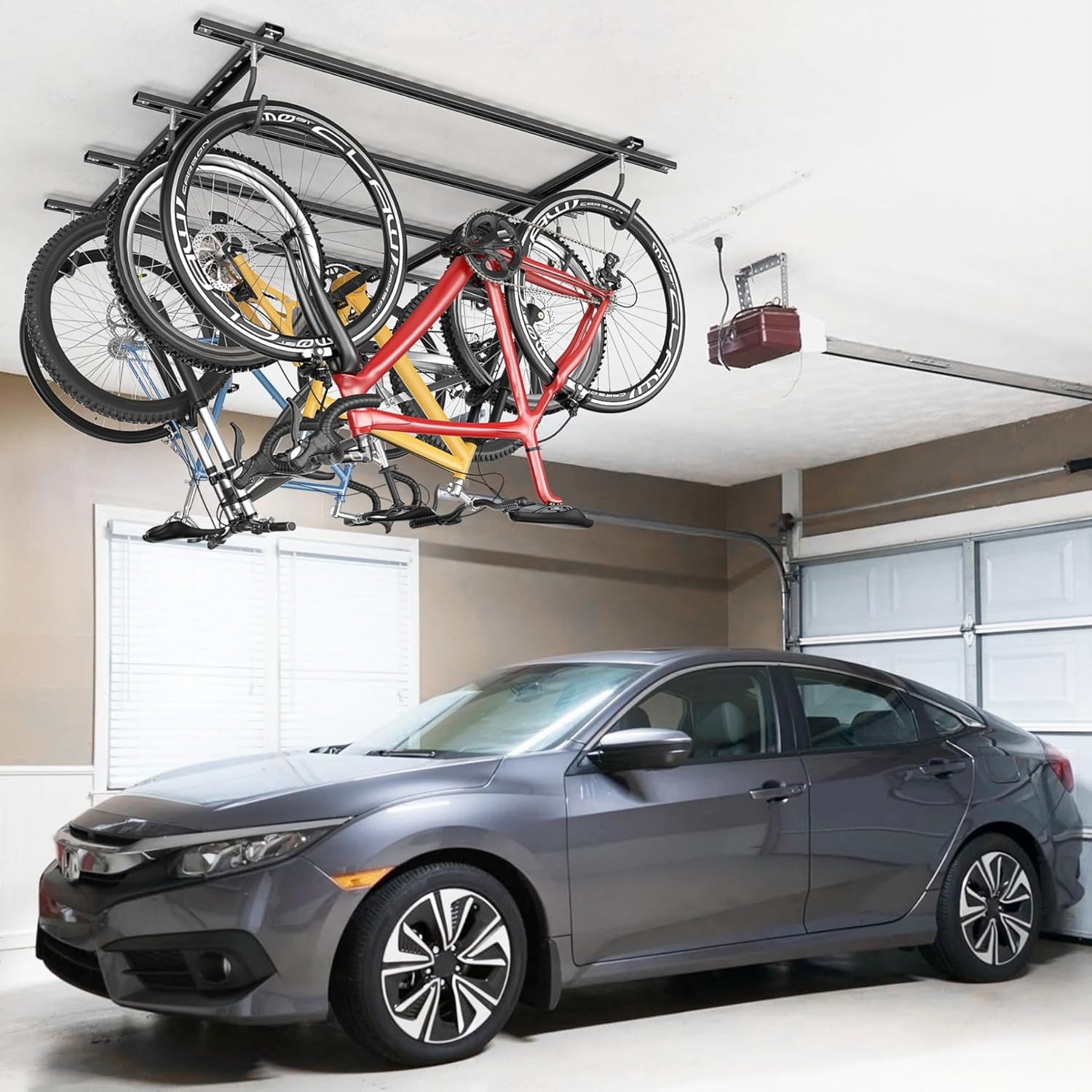 TORACK Ceiling Bike Rack for Garage, Ceiling-Mounted Bicycle Storage Hooks for 4 Bikes (Horizontal) or 8 Bikes (Vertical), Adjustable Overhead Bicycle Hooks for Mountain, Road, and Kids' Bike