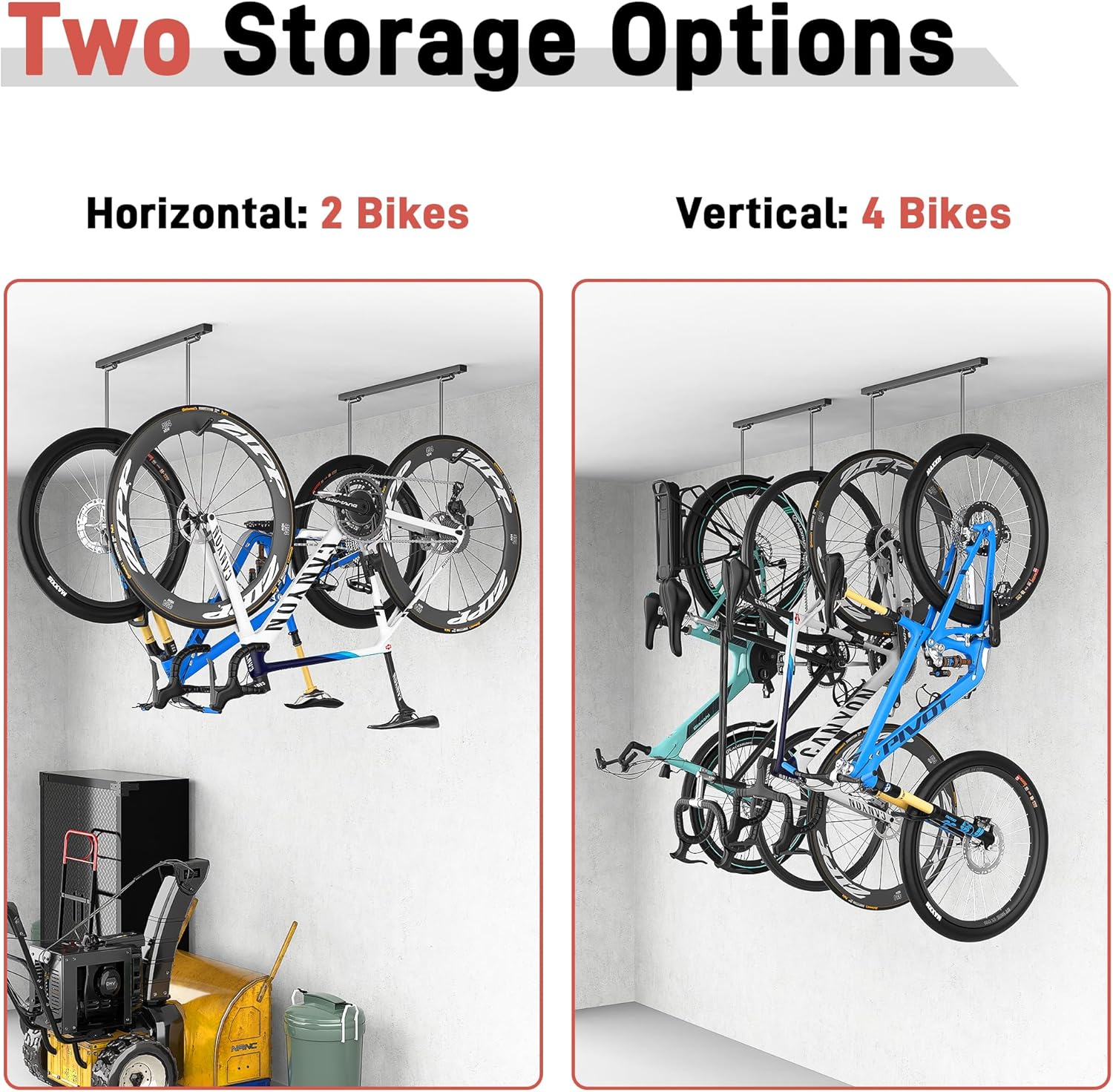 Alternative view of Ultrawall Ceiling Bike Rack for Garage, Indoor Bike Storage Hanger for up to 2 Bikes (Horizontally), 4 Bikes (Vertically) with Adjustable Cycling Hooks, 25 Inch