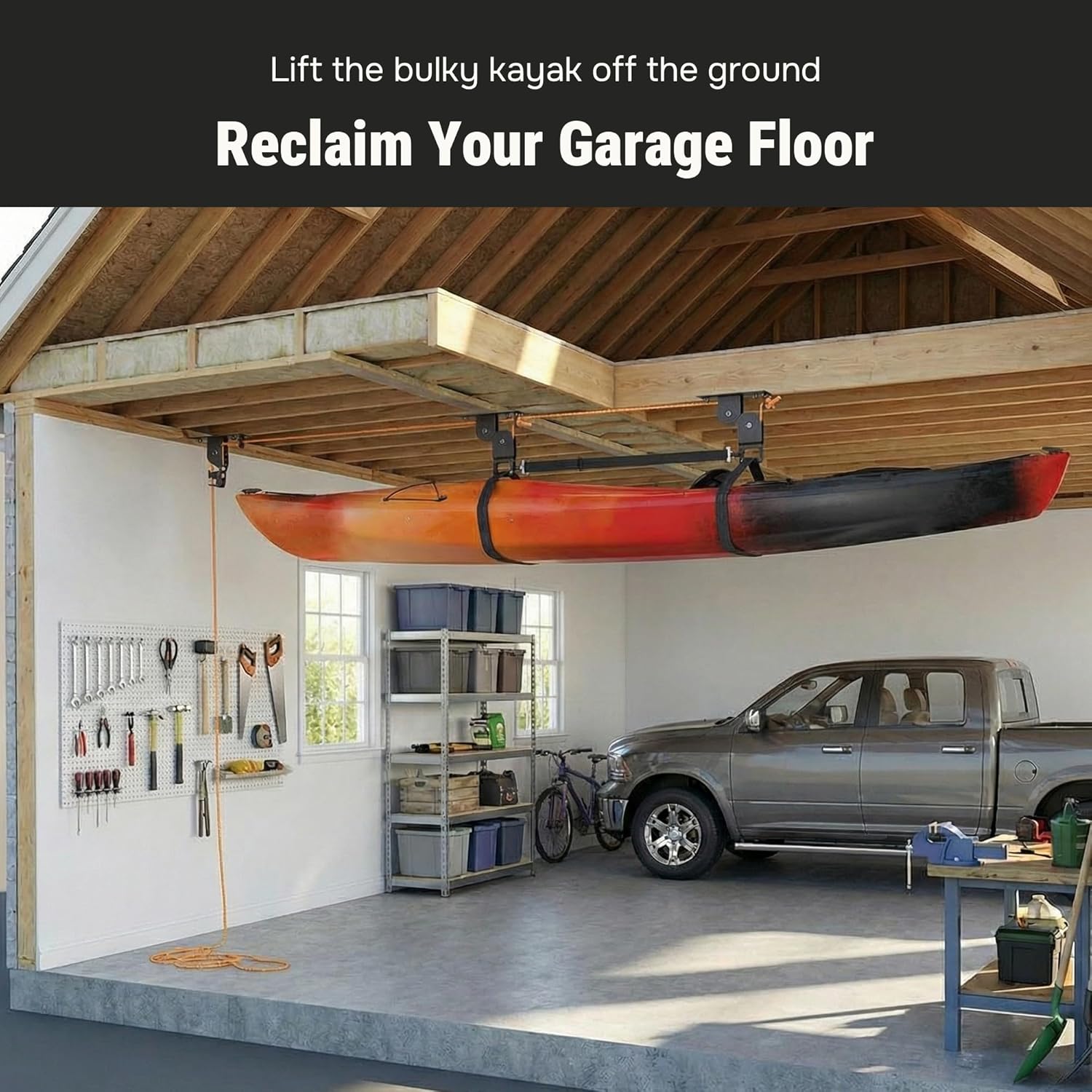Kayak Hoist for Garage Ceiling with Metal Pulley System Holds 150 lbs, 5.5" Low-Profile Canoe Storage Lift, Parallel or Perpendicular Mounted