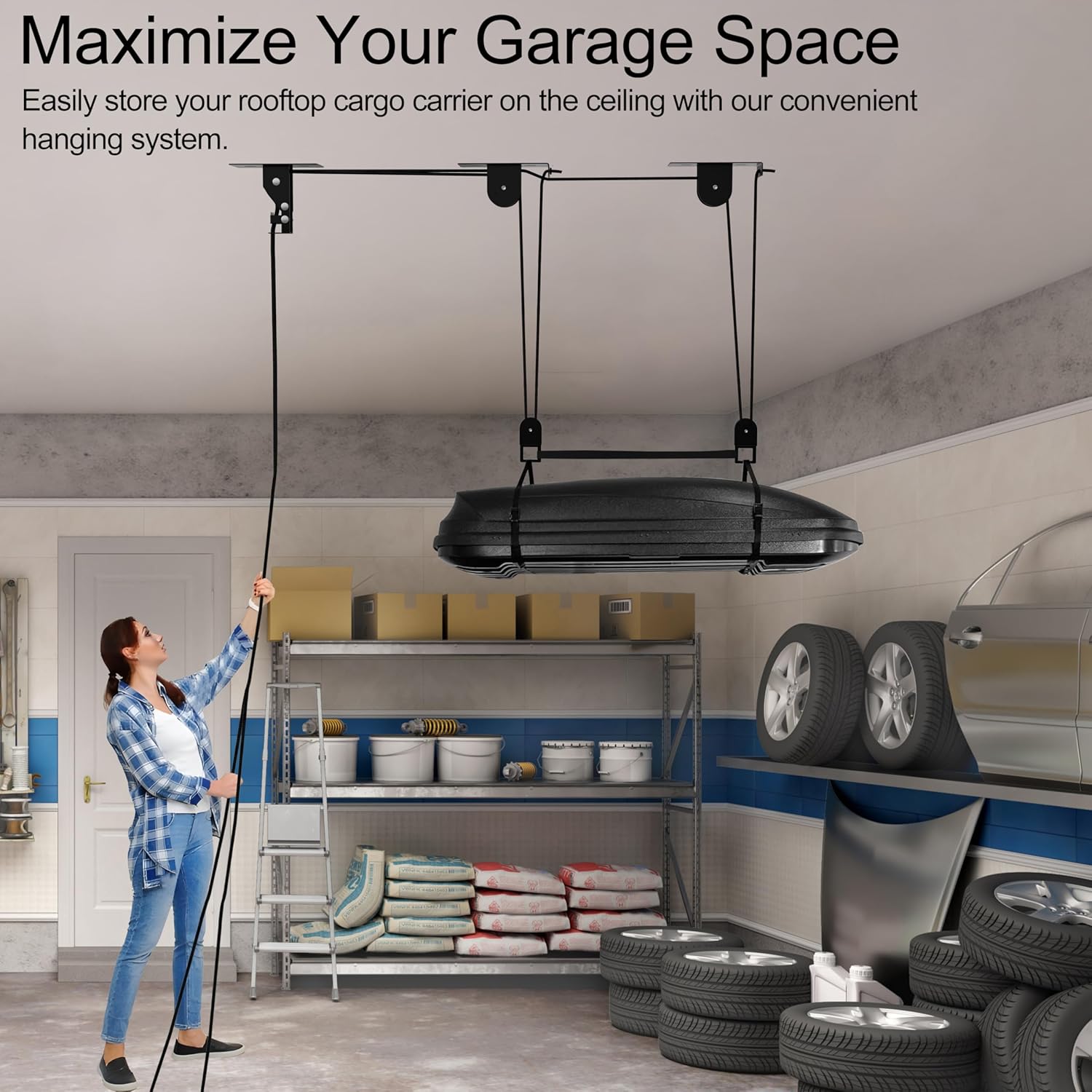 2025 Upgrade Cargo Box Garage Pulley System, Garage Ceiling Hoist Heavy-Duty Holds up to 150 lbs Capacity, Fit 10-18 Foot Ceilings, Black