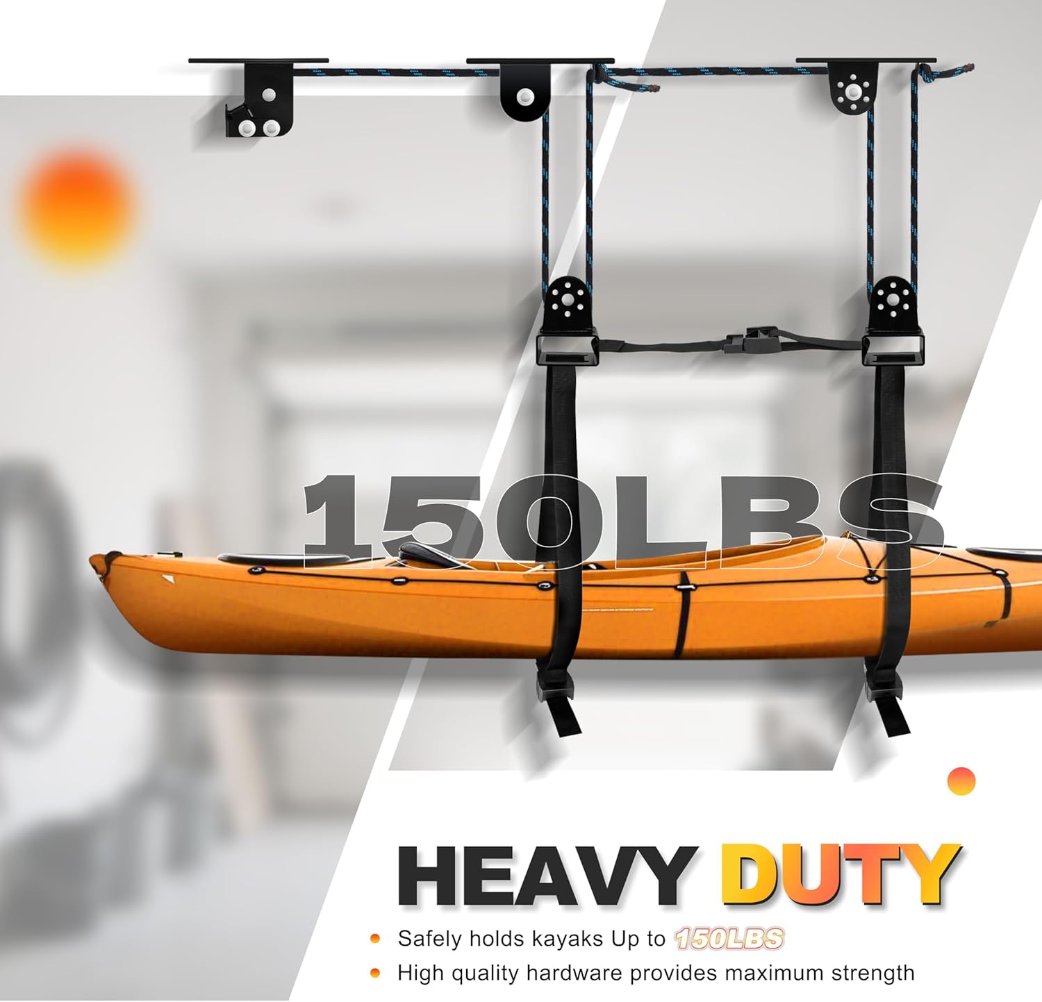 Hikeen Kayak Hoist for Garage Ceiling, Heavy Duty Kayak Pulley System, Hold Up to 150 lbs Capacity, Cargo Box Storage, Garage Organization Lift System Fit 10-14 Foot Ceilings