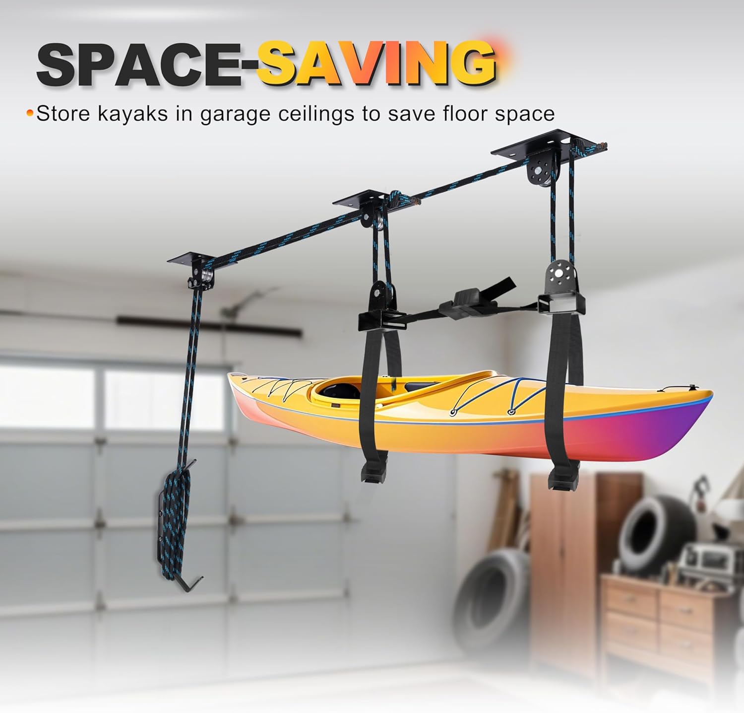 Alternative view of Hikeen Kayak Hoist for Garage Ceiling, Heavy Duty Kayak Pulley System, Hold Up to 150 lbs Capacity, Cargo Box Storage, Garage Organization Lift System Fit 10-14 Foot Ceilings