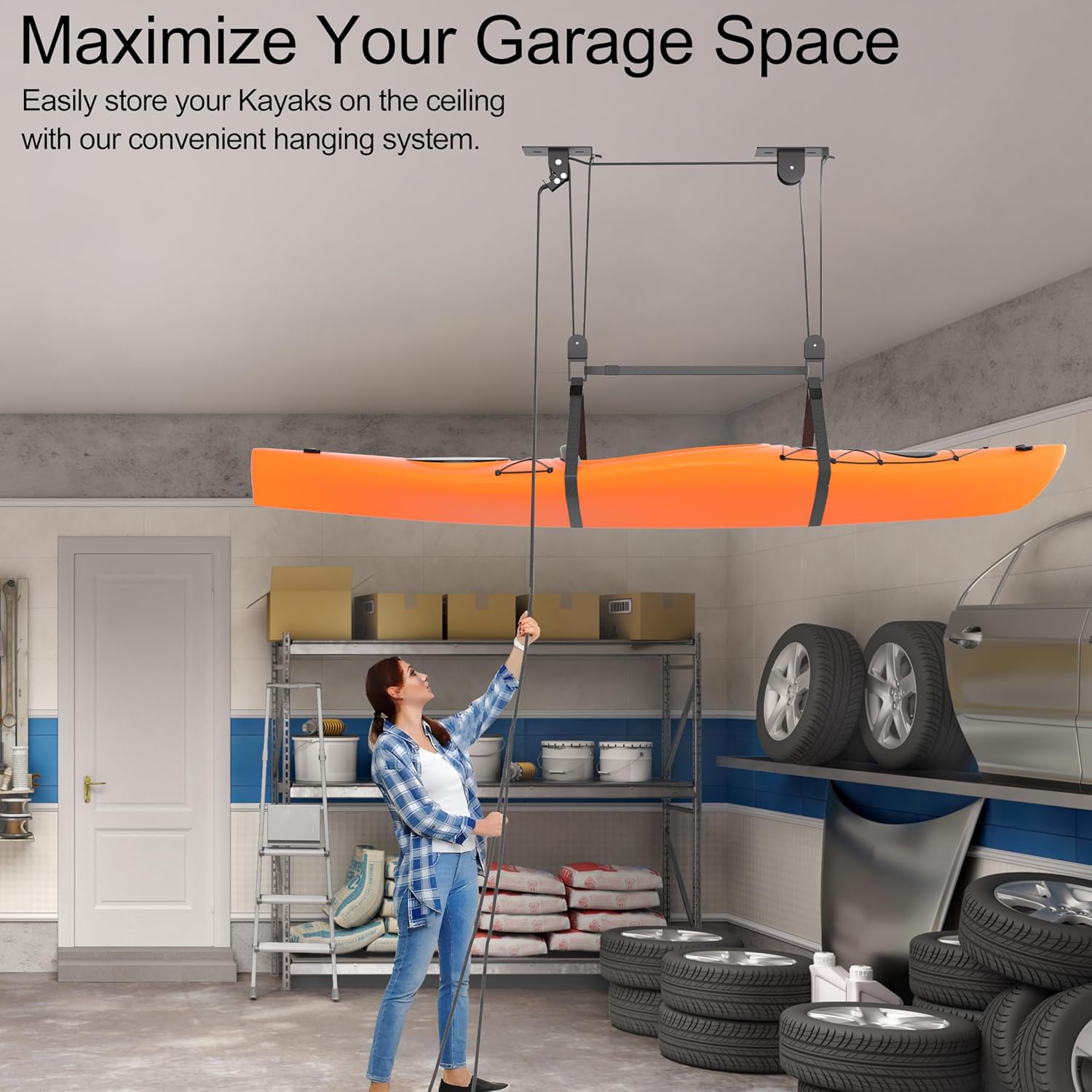 Ceiling Kayak Hoist, Heavy Duty Kayak Pulley System for Garage, Hold Up to 150 lbs Capacity, Canoe Garage Lift Storage System, Fit 10-14 Foot Ceilings, Black