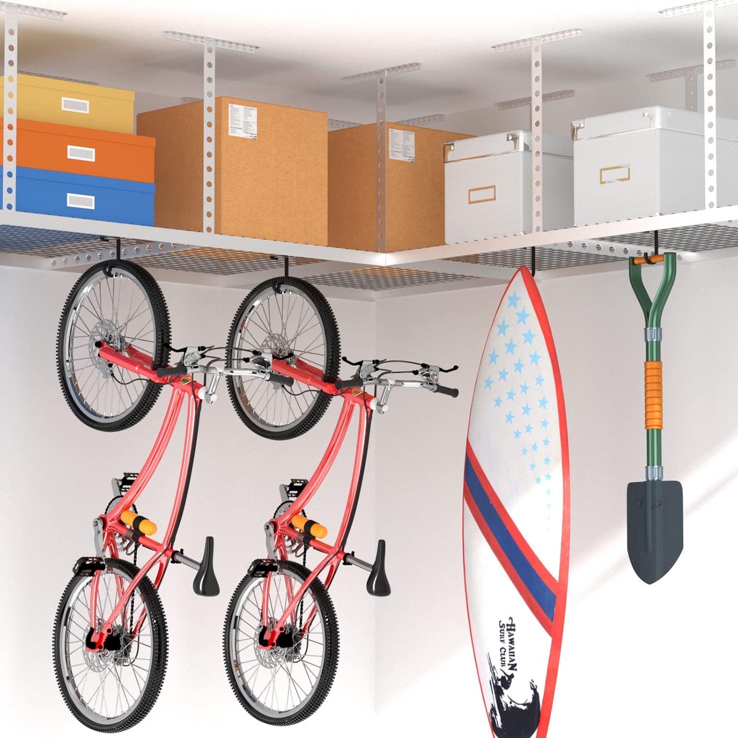 bussdis Thickened Bike Hooks for Garage Ceiling Rack: Heavy Duty Overhead Storage Rack Hook for Bicycle, Hold 50 lb, Safe Rack Bike Hanger, Metal, 4 Pack