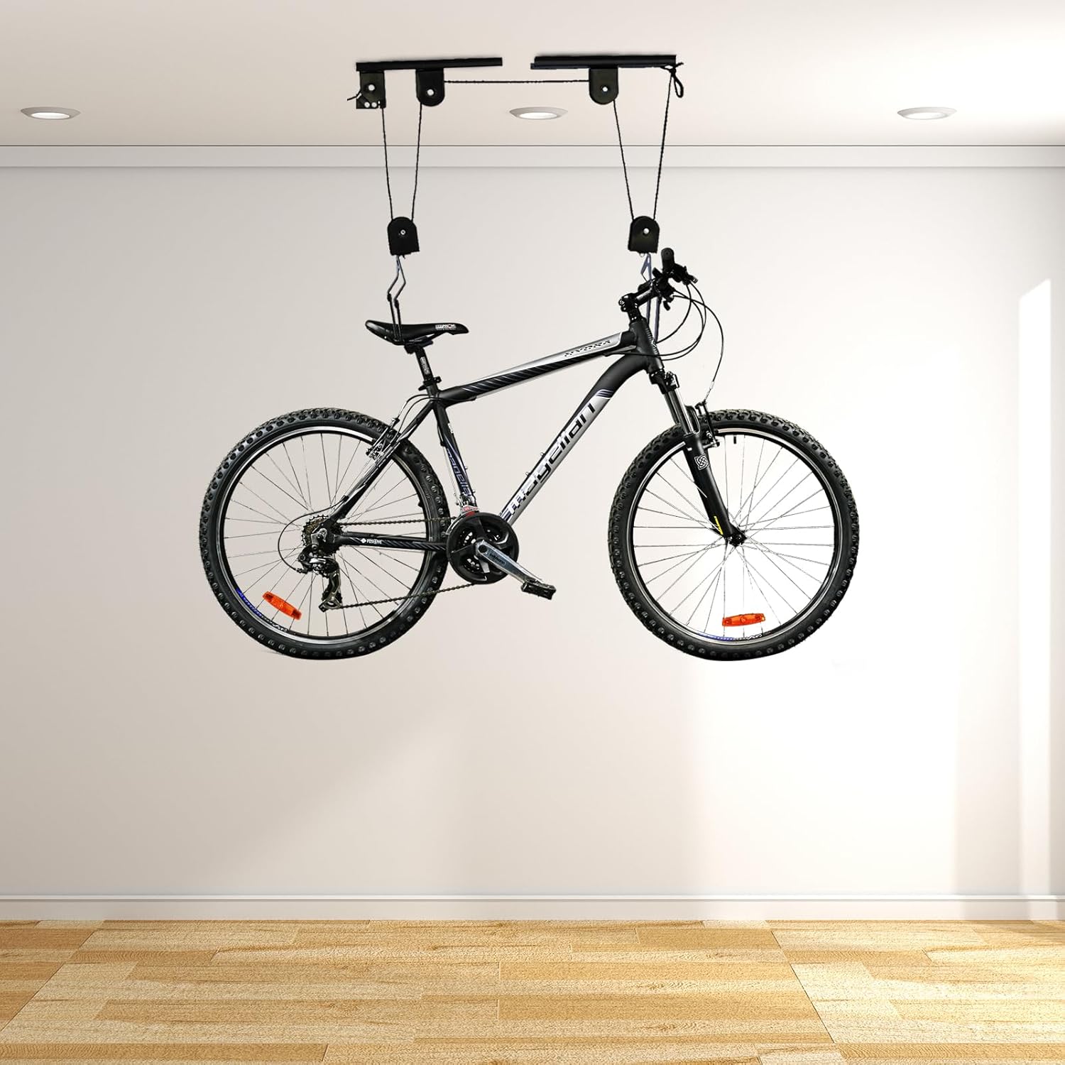 Bike Hoist for Garage Ceiling Mount Pulley Rack System Bicycle Lift Hoist Garage Bicycle Hooks Hanger for Storage Most Road Bike Mountain Bike, 132lbs Load, Balck