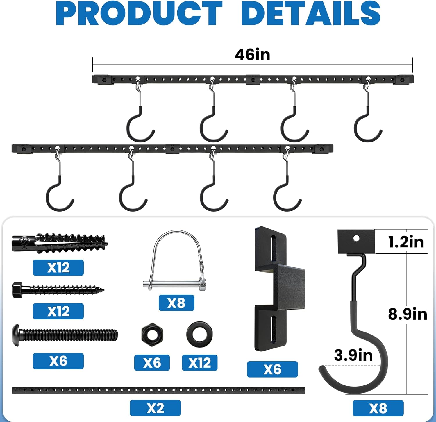LXVOOEE Bike Ceiling Mount for Garage with 8Pcs Adjustable Rubber Coated Bike Hooks, Ceiling Bike Hangers for Garage Bike Rack Indoor Bicyle Storage Rack, Holds Up to 704lbs for 4-8 Bikes