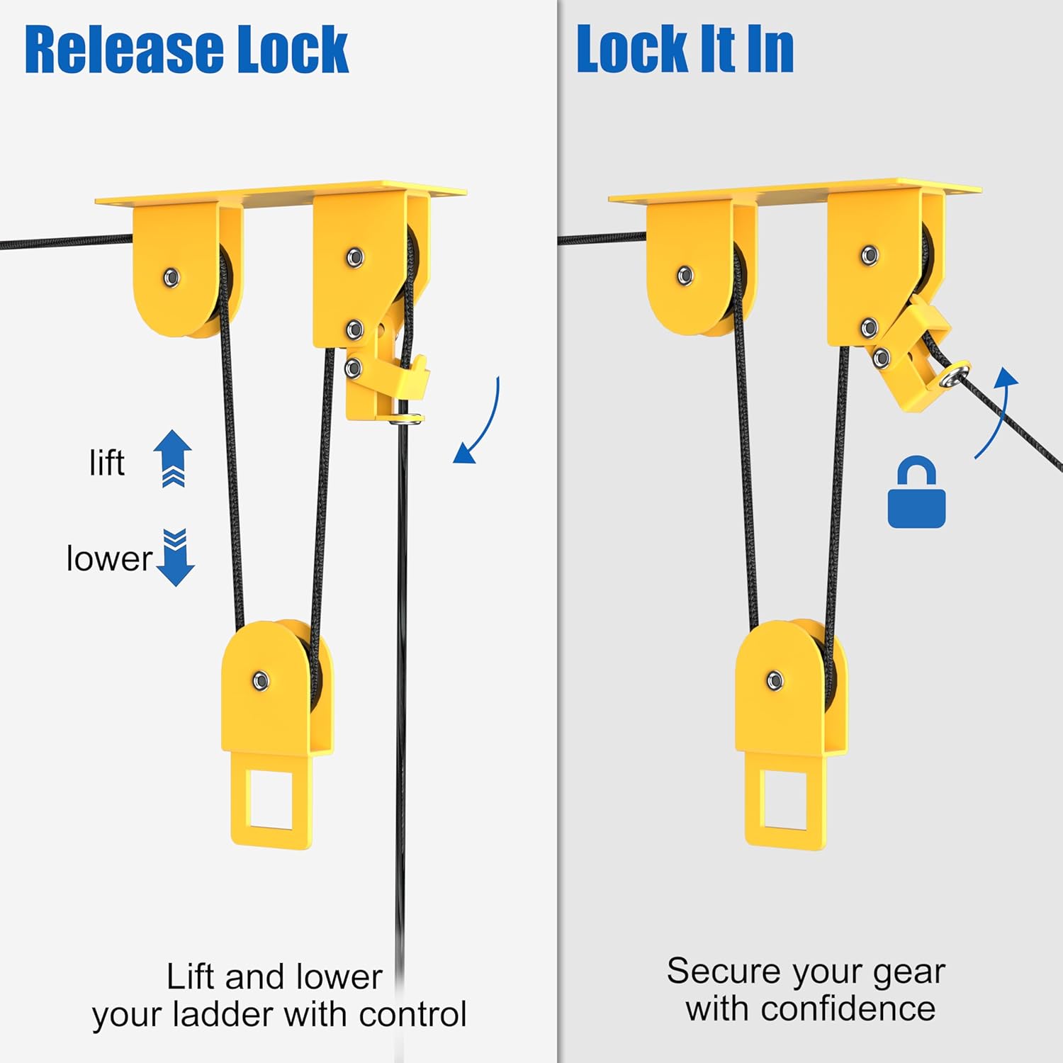 Alternative view of Ladder Storage Pulley Hoist, Self Locking Function Ladder Hanger, Garage Ceiling Mount Lift System for Lightweight Kayak, Ladder, Bike, Surfboard, Hold 80 lbs