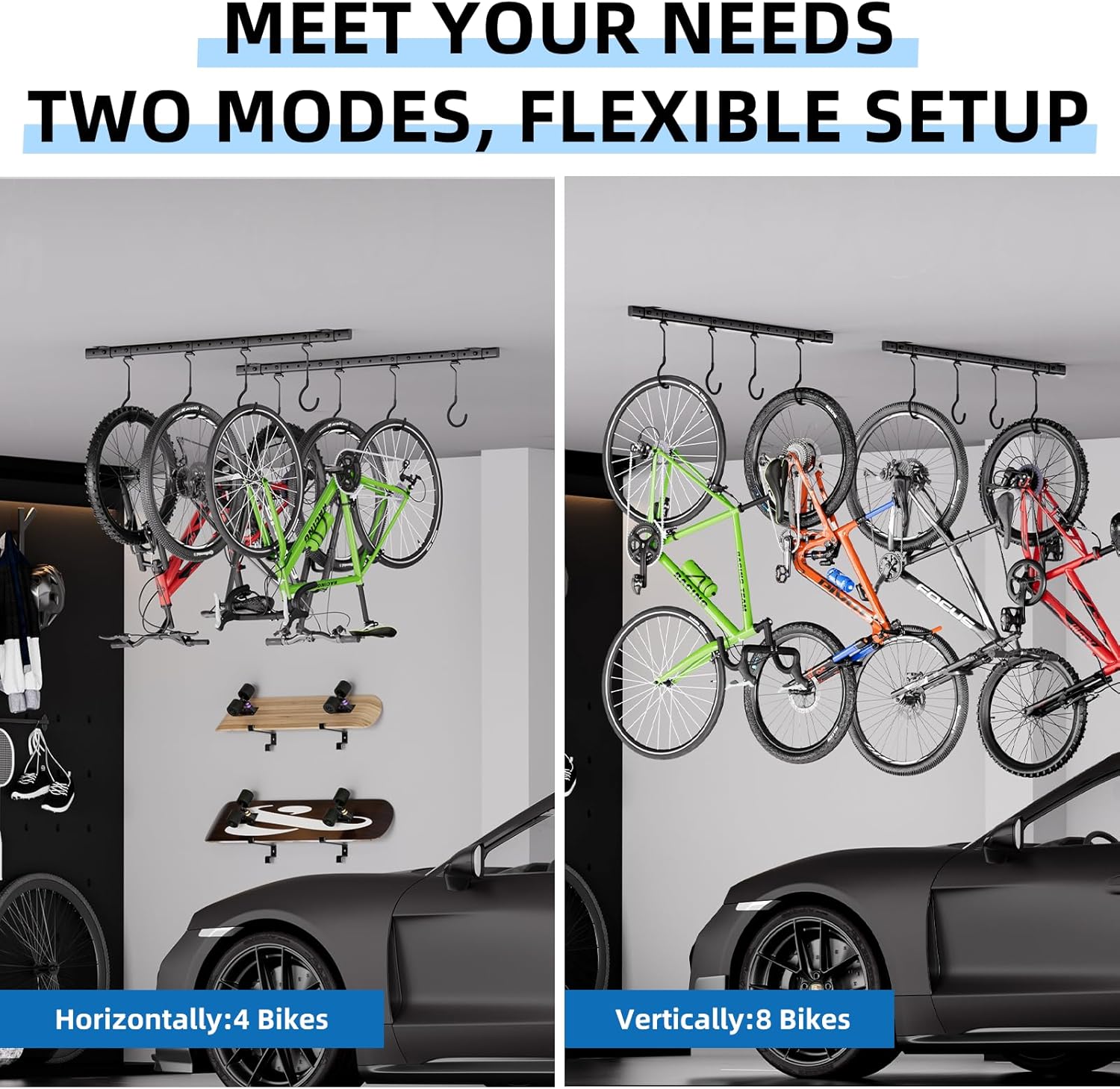 Urban Deco Ceiling Mounted Bike Rack for Garage, Indoor Metal Bike Hanger with 8 Adjustable Ceiling Hooks Hold 4-8 Bikes, Space-Saving Garage Bike Storage for Storing Bike (2-Piece Set) - Image 3