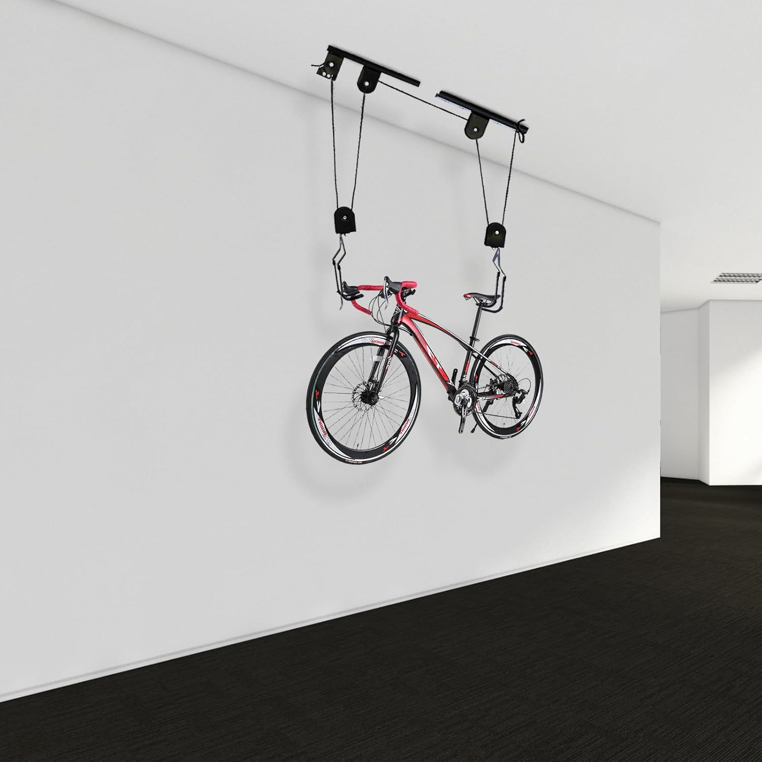 Bike Hoist for Garage Ceiling Mount Pulley Rack System Bicycle Lift Hoist Garage Bicycle Hooks Hanger for Storage Most Road Bike Mountain Bike, 132lbs Load, Balck - Image 5