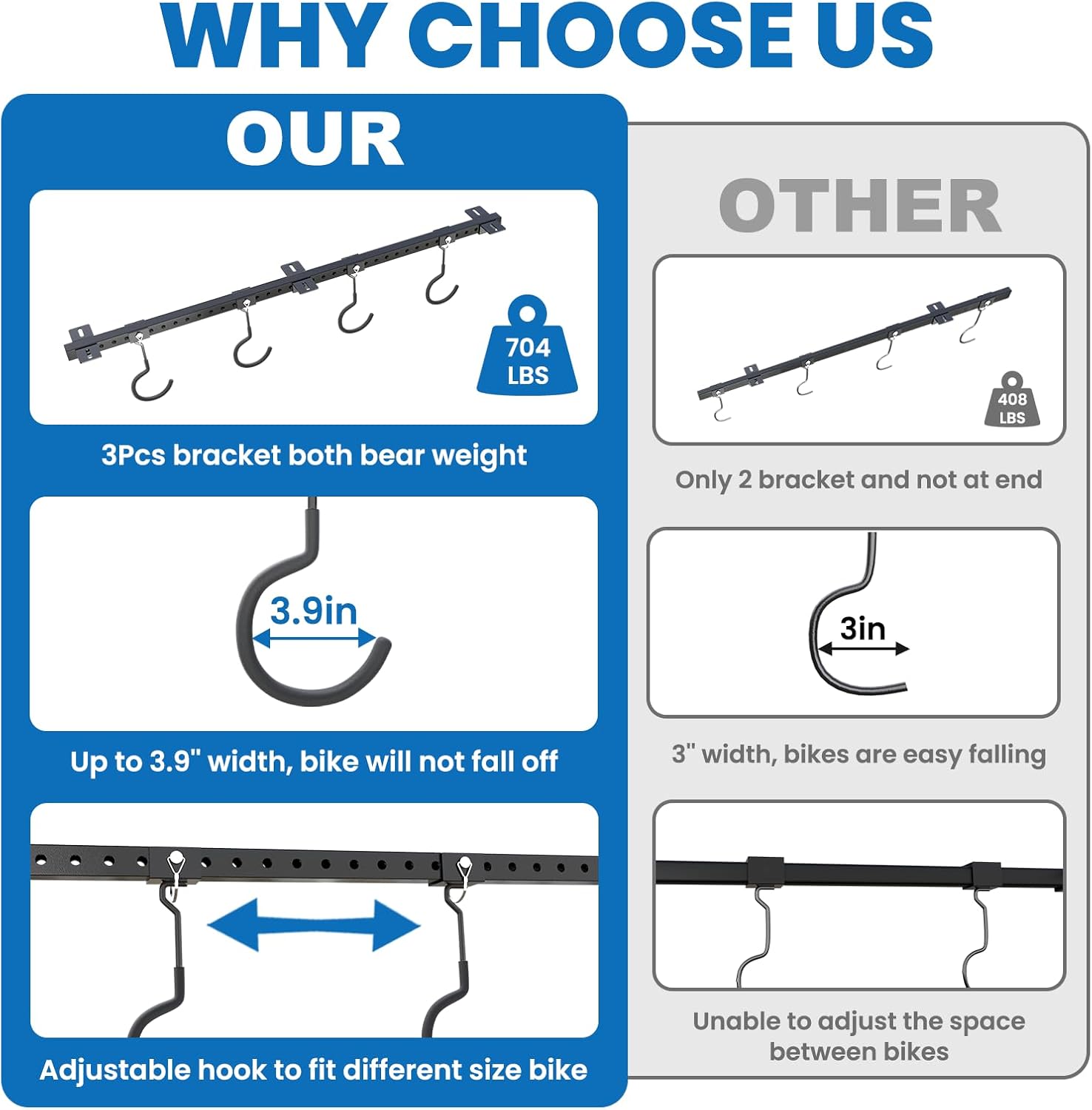 Alternative view of LXVOOEE Bike Ceiling Mount for Garage with 8Pcs Adjustable Rubber Coated Bike Hooks, Ceiling Bike Hangers for Garage Bike Rack Indoor Bicyle Storage Rack, Holds Up to 704lbs for 4-8 Bikes