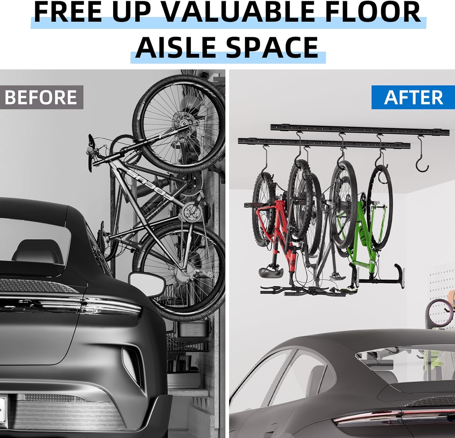 Urban Deco Ceiling Mounted Bike Rack for Garage, Indoor Metal Bike Hanger with 8 Adjustable Ceiling Hooks Hold 4-8 Bikes, Space-Saving Garage Bike Storage for Storing Bike (2-Piece Set) - Image 4