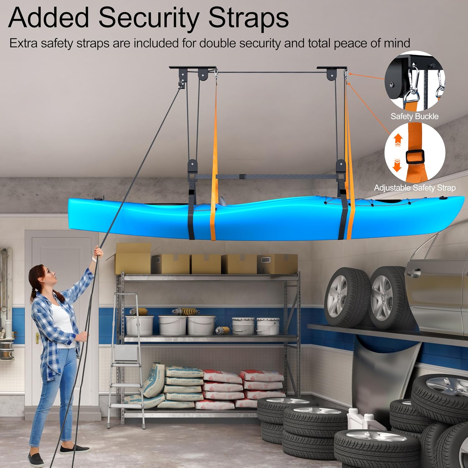Kayak Hoist, Heavy Duty Kayak Pulley System for Garage Ceiling, Hold Up to 150 lbs Capacity, Canoe Garage Lift Storage System, Fit 10-18 Foot Ceilings, Black