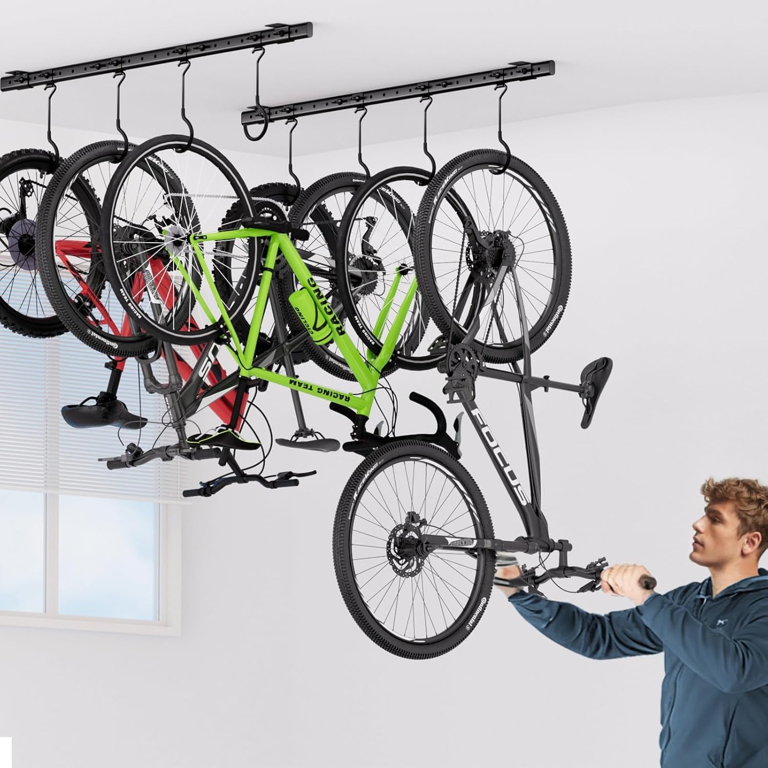Urban Deco Ceiling Mounted Bike Rack for Garage, Indoor Metal Bike Hanger with 8 Adjustable Ceiling Hooks Hold 4-8 Bikes, Space-Saving Garage Bike Storage for Storing Bike (2-Piece Set) - Image 5