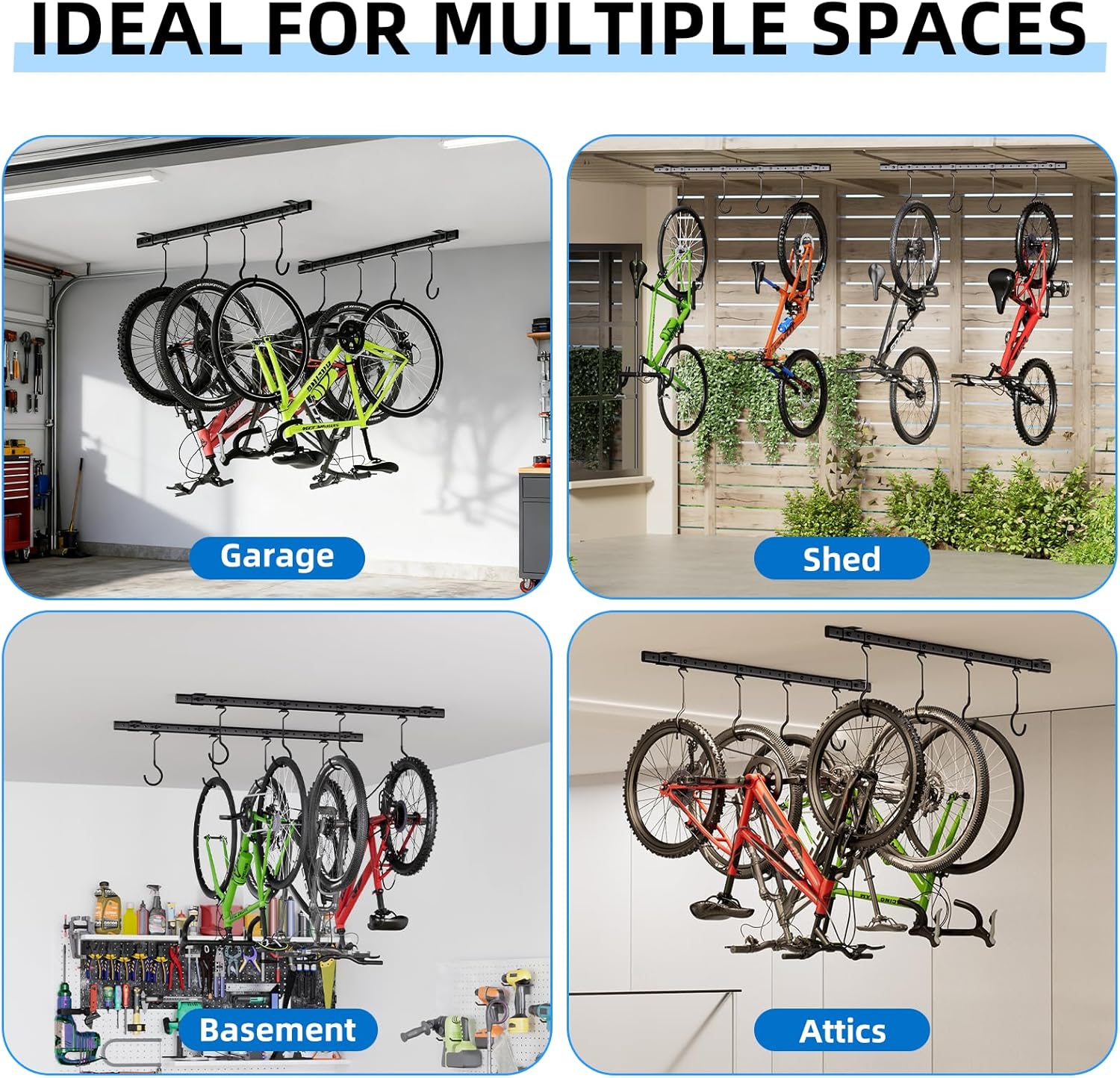 Urban Deco Ceiling Mounted Bike Rack for Garage, Indoor Metal Bike Hanger with 8 Adjustable Ceiling Hooks Hold 4-8 Bikes, Space-Saving Garage Bike Storage for Storing Bike (2-Piece Set) - Image 6