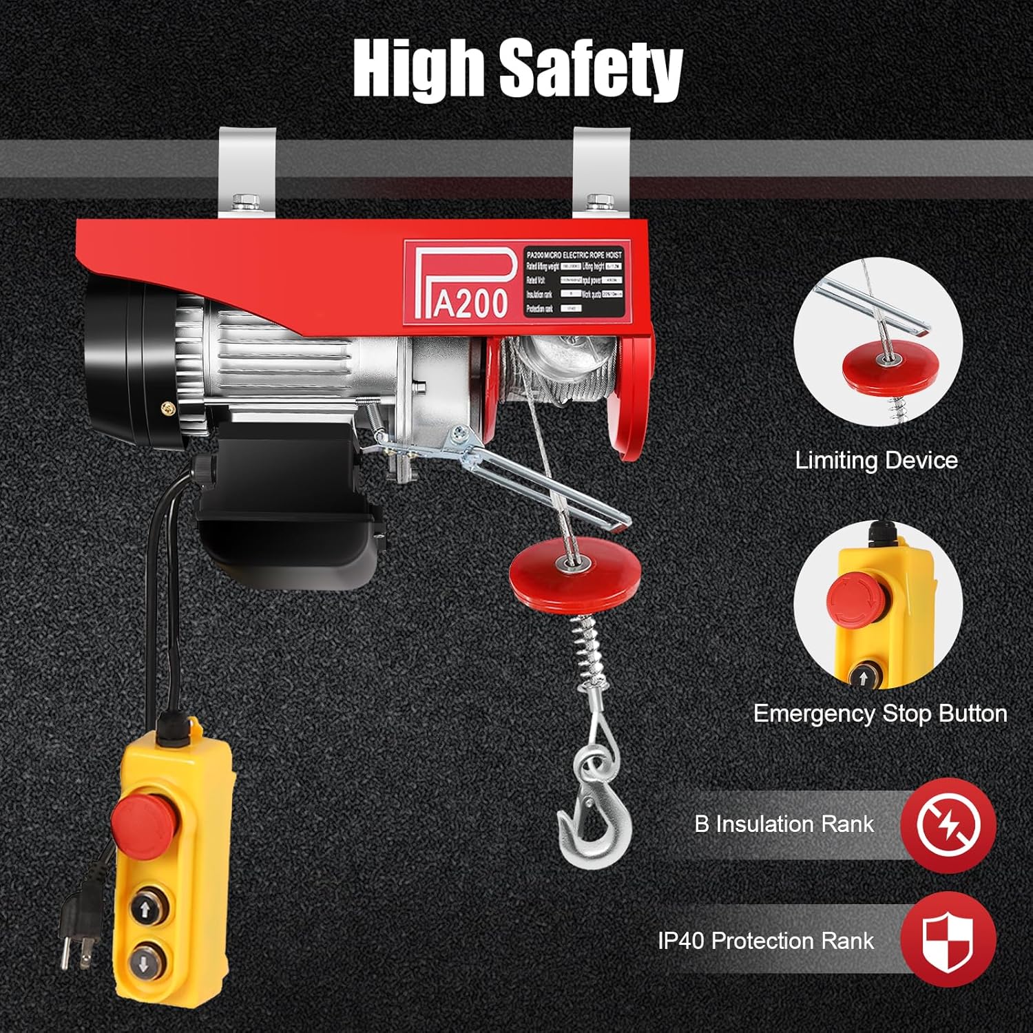 Electric Hoist Winch 440lbs, Automatic Lift Electric Cable Hoist with Wired Remote, Overhead Crane Garage Ceiling Pulley Winch, Electric Wire Rope Hoist, 39.4ft / 20 ft Lifting Height