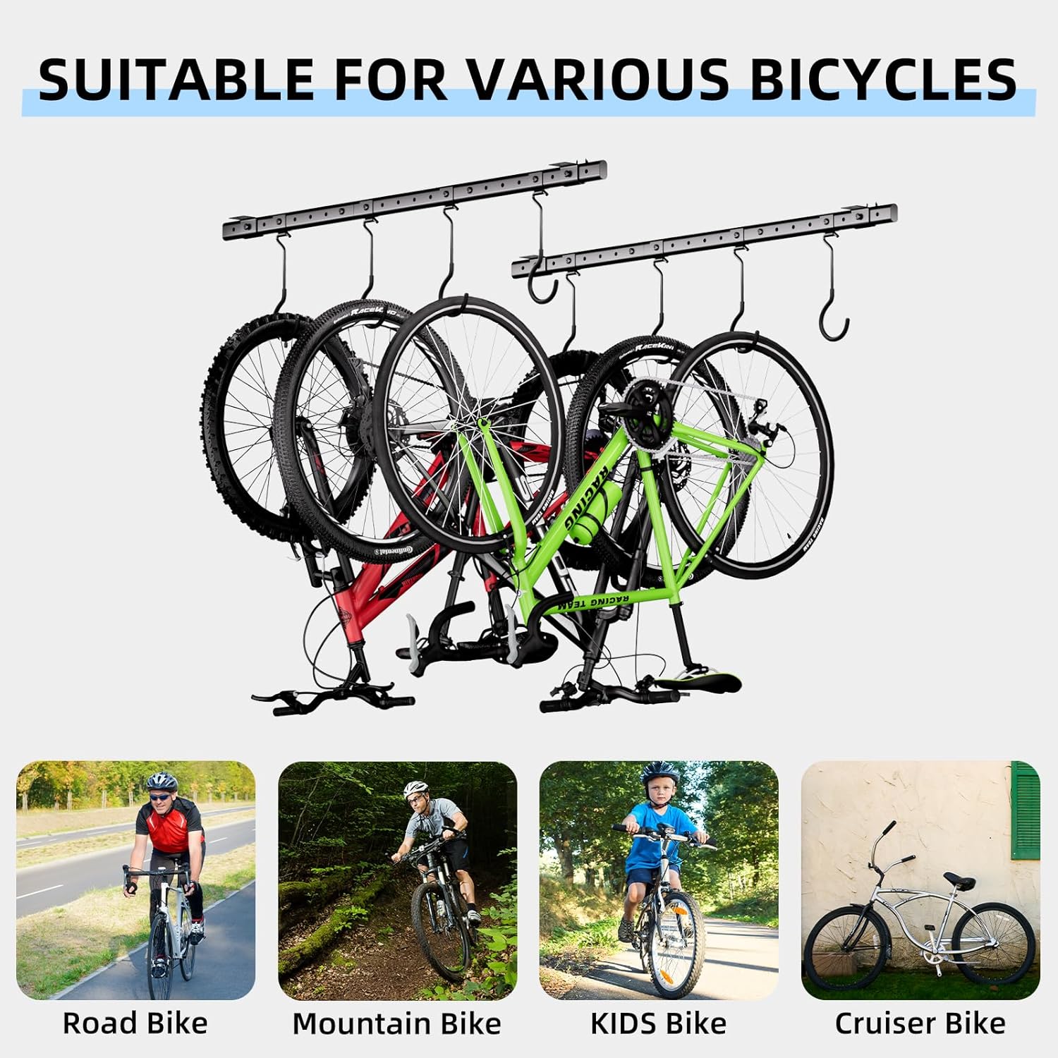 Urban Deco Ceiling Mounted Bike Rack for Garage, Indoor Metal Bike Hanger with 8 Adjustable Ceiling Hooks Hold 4-8 Bikes, Space-Saving Garage Bike Storage for Storing Bike (2-Piece Set) - Image 7