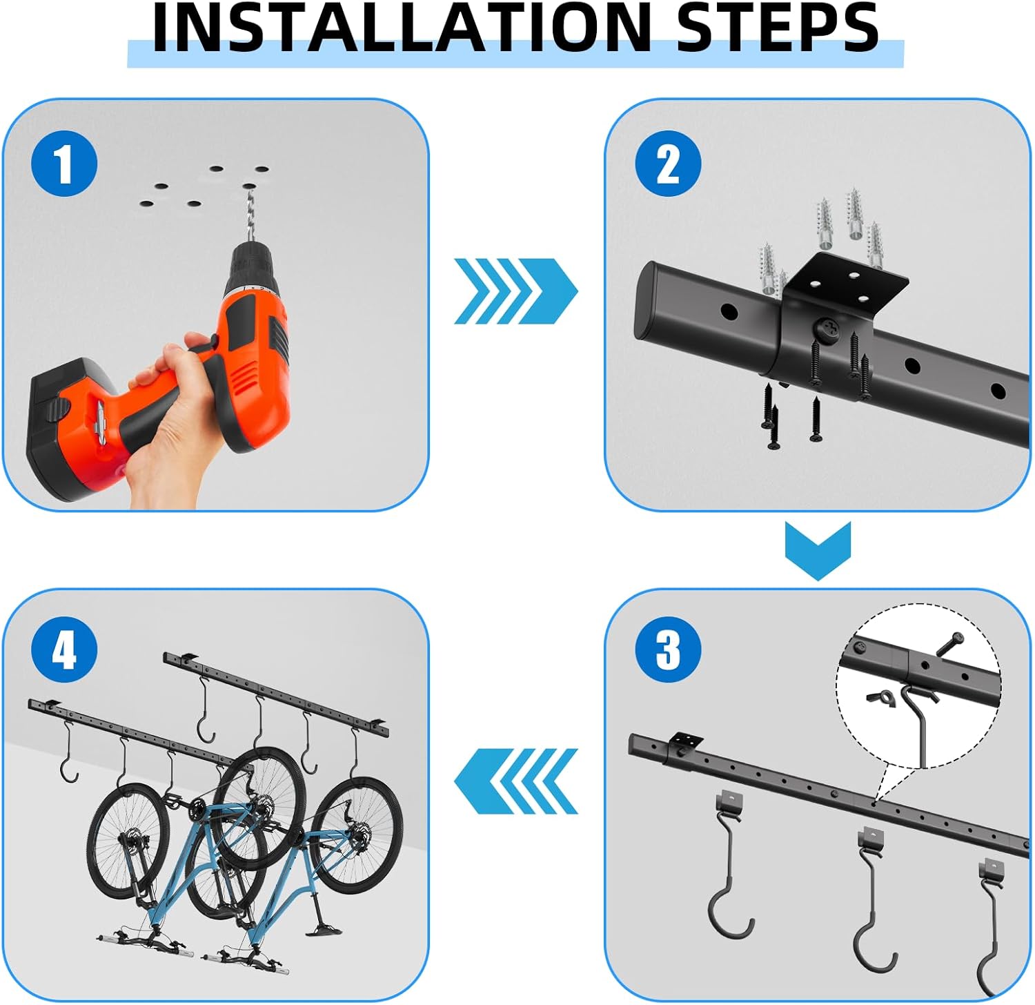 Urban Deco Ceiling Mounted Bike Rack for Garage, Indoor Metal Bike Hanger with 8 Adjustable Ceiling Hooks Hold 4-8 Bikes, Space-Saving Garage Bike Storage for Storing Bike (2-Piece Set) - Image 8
