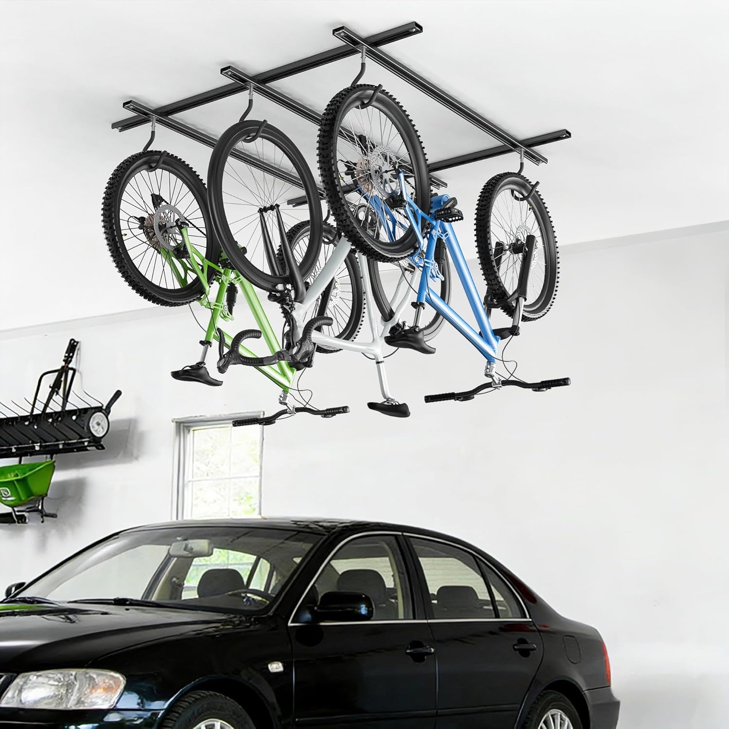 WALMANN Garage Ceiling Bike Rack, Adjustable Overhead Bicycle Storage System – Stores 3 Bikes Horizontally or 6 Bikes Vertically, Ceiling-Mount Bike Hanger for Road & Mountain Bikes