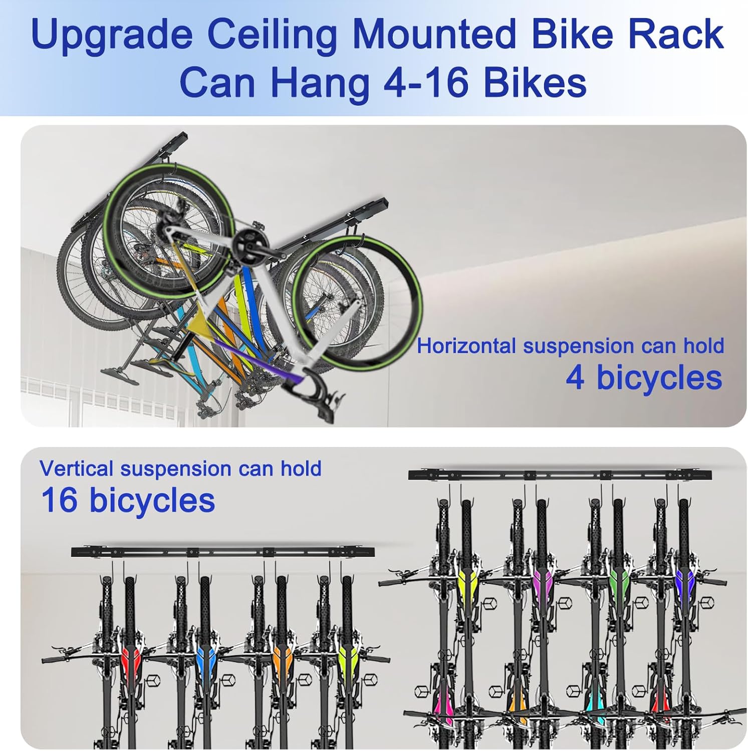 Upgrade Ceiling Mounted Bike Rack, Adjustable Hooks Garage Bike Rack Ceiling Mount, Can Hang 4-8 Bikes, Fit for Road Bikes, Mountain Bikes, Kids Bikes and Other Bikes of Varying Sizes