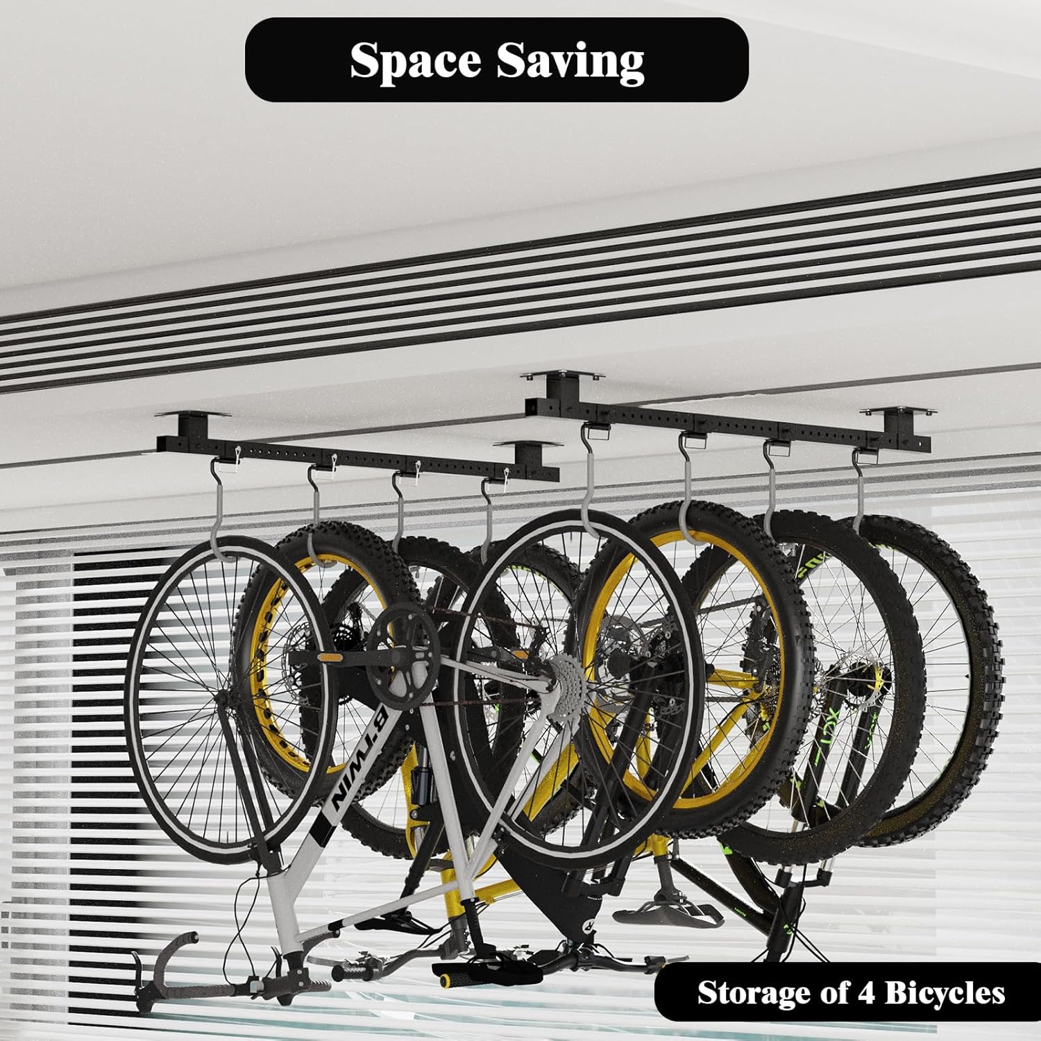 Bknius 640Lbs Bike Rack Garage Ceiling with 8 Hooks, Bike Hangers for Garage, Ceiling Mount Bicycle Storage, Metal Black 2pcs Set Indoor Use for 8 Bicycles - Image 5