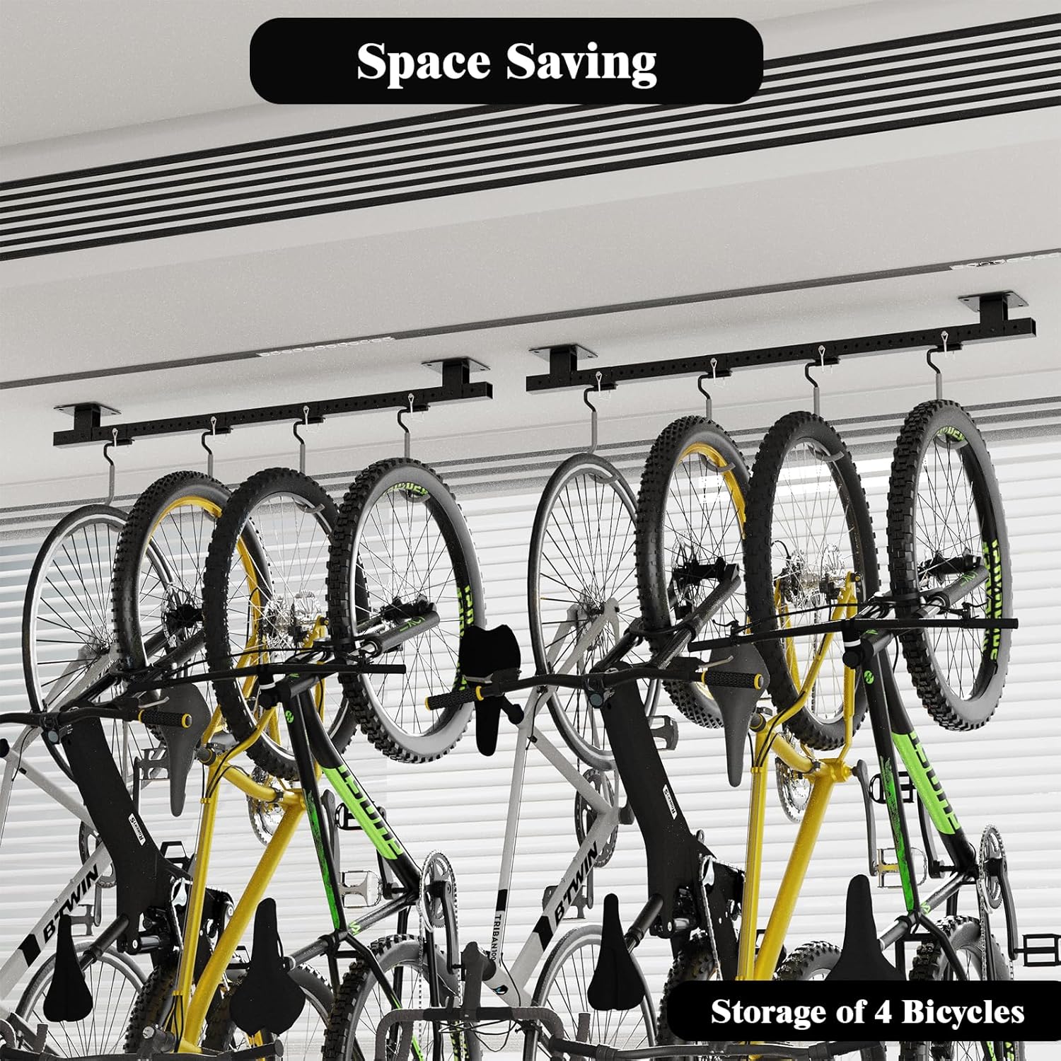 Bknius 640Lbs Bike Rack Garage Ceiling with 8 Hooks, Bike Hangers for Garage, Ceiling Mount Bicycle Storage, Metal Black 2pcs Set Indoor Use for 8 Bicycles - Image 6