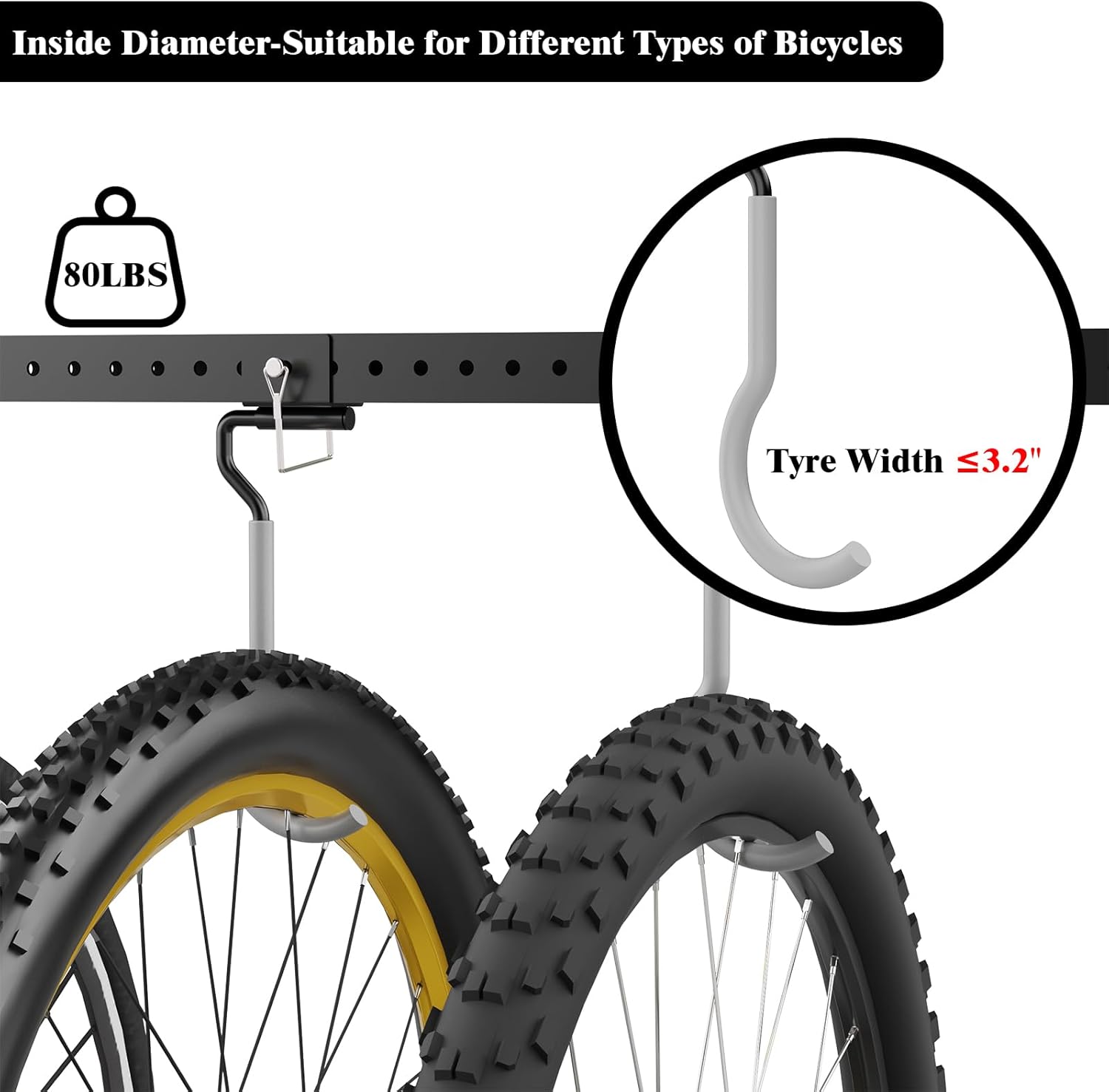 Bknius 640Lbs Bike Rack Garage Ceiling with 8 Hooks, Bike Hangers for Garage, Ceiling Mount Bicycle Storage, Metal Black 2pcs Set Indoor Use for 8 Bicycles - Image 7