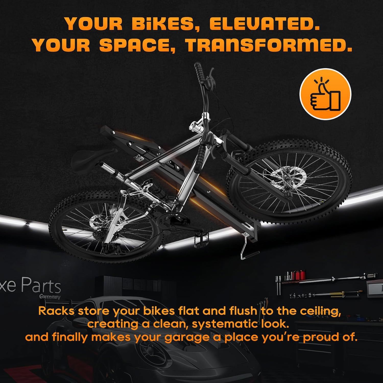 Ceiling Mounted Horizontal Bike Rack - Overhead Storage Space Saver, Ideal for Apartments, Garages & Tight Spaces