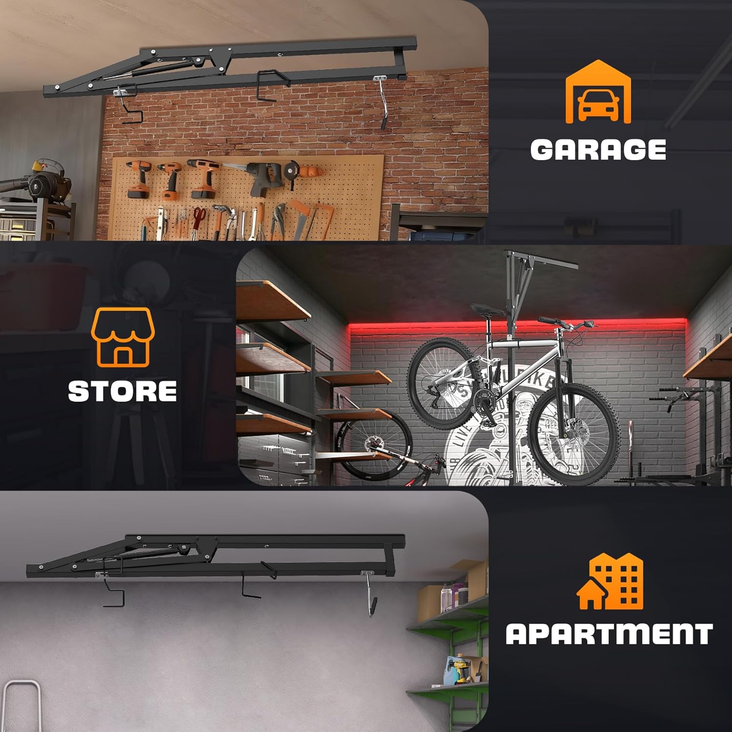 Alternative view of Ceiling Mounted Horizontal Bike Rack - Overhead Storage Space Saver, Ideal for Apartments, Garages & Tight Spaces