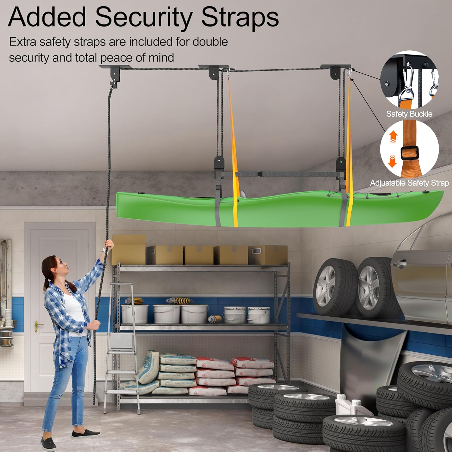 Alternative view of TRUSOON Upgrade Kayak Hoist for Garage Ceiling, Heavy-Duty Kayak Storage Lift Pulley System with Safety Straps, Holds Up to 150 lbs Capacity, Fit 10-18 Foot Ceilings, Black