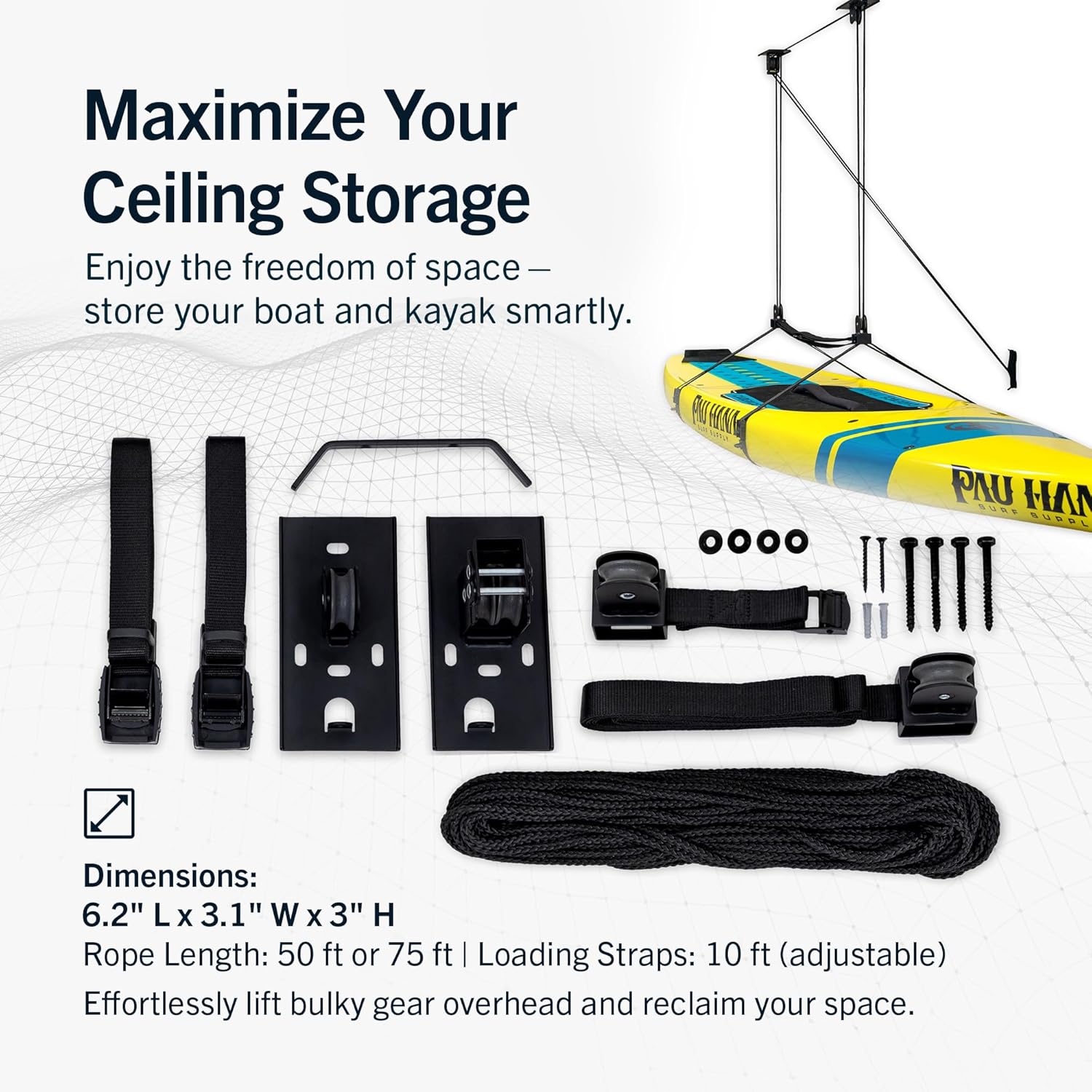 StoreYourBoard Kayak and Canoe Ceiling Hoist u2013 Overhead Garage Storage Rack for Kayaks, Canoes, and Paddle Gear u2013 Heavy Duty Pulley System Indoor Ceiling Mount