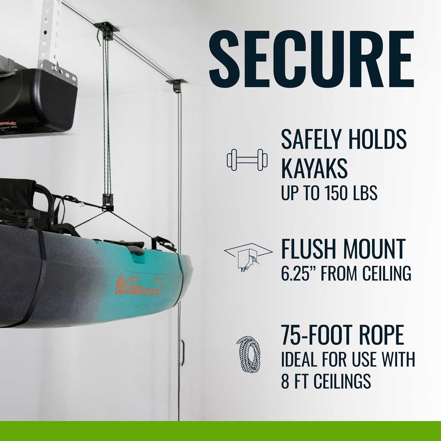 Alternative view of Teal Triangle Elite Pulley Hoist for Kayaks, Canoes, and Paddleboards - Heavy Duty Garage Storage Lift for Kayaks – Premium Canoe Hanger Holds 150 lbs and Fits 8 ft Garage Ceilings