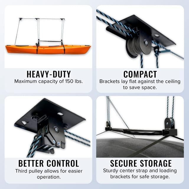 Teal Triangle Pulley Hoist for Kayaks, Canoes, and Paddleboards - Heavy Duty Garage Storage Lift - Kayak Hanger Holds 150 lbs and Fits 10-14 ft Tall Garage Ceilings