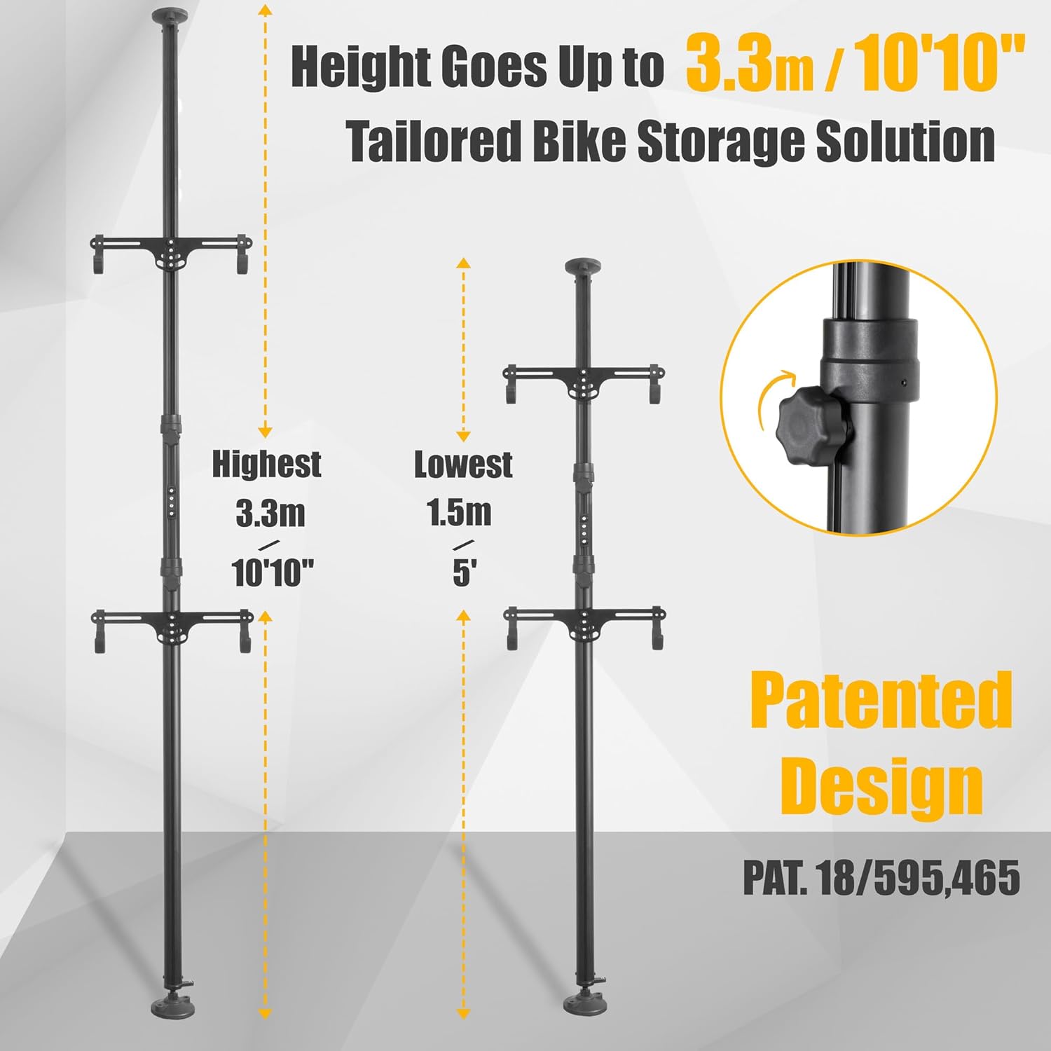 Alternative view of CyclingDeal Floor to Ceiling 2 Bike Storage Stand | Adjustable Aluminum Dual Hanger Pole Rack with Gravity Hooks & Locking Mechanism | Extends 5ft to 10ft | No-Drill Indoor Garage Apartment