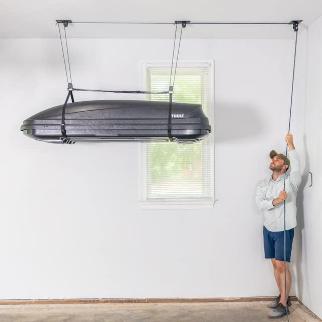 Alternative view of Teal Triangle Ceiling Storage Hoist for Cargo Box - Heavy Duty Garage Storage Lift - Garage Pulley Lift System Holds 150 lbs and Fits 8-10 ft Tall Garage Ceilings