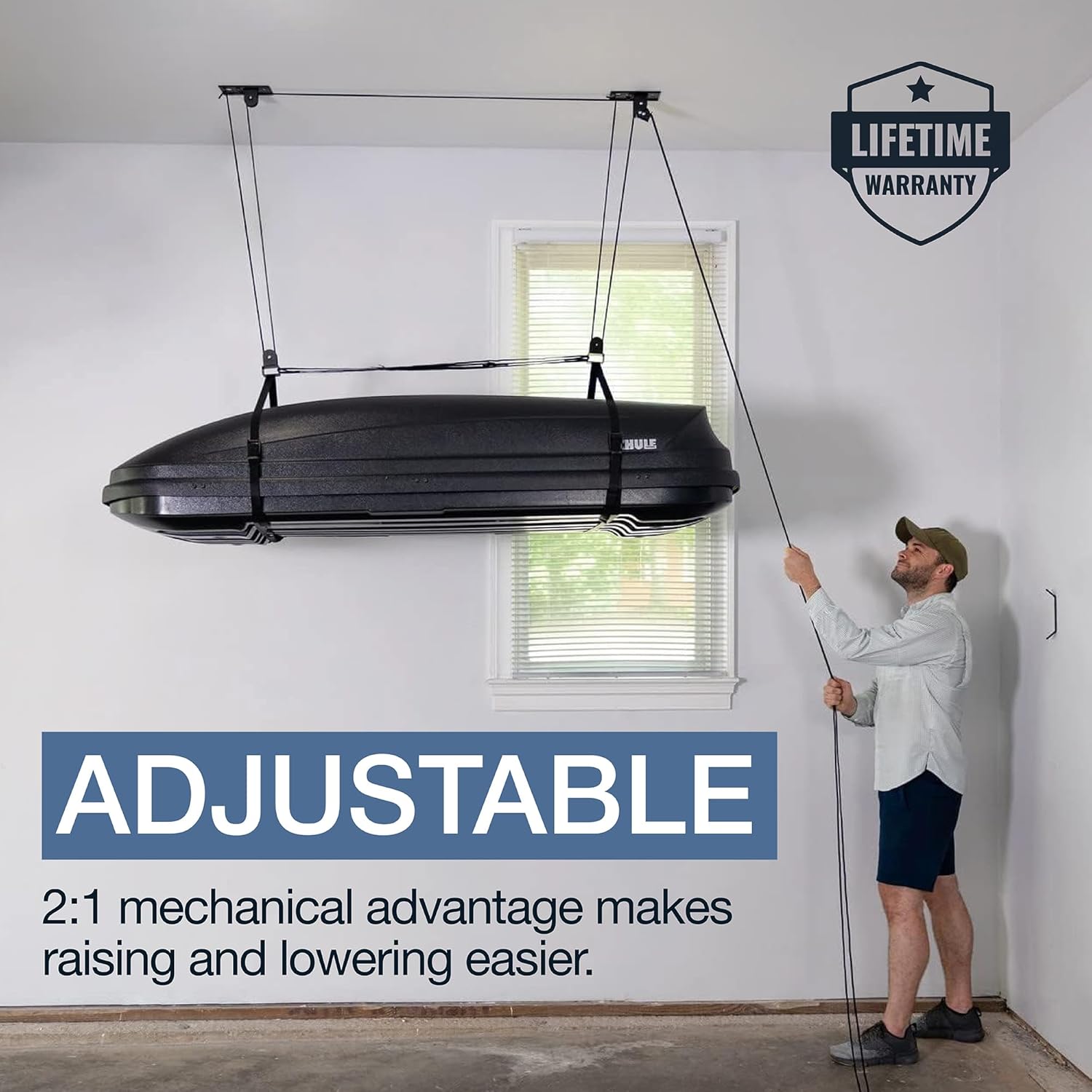 StoreYourBoard Cargo Box Pulley System u2013 Heavy-Duty Garage Hoist Lift for Rooftop Carriers u2013 Garage Storage & Garage Organization Ceiling Hoist with Pulley u2013 Holds 150 lbs - Fits 8u201310 ft Ceilings
