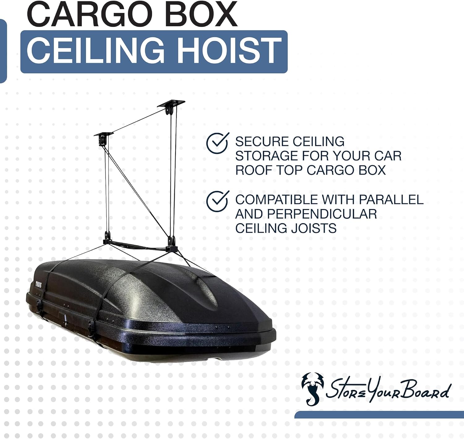 Alternative view of StoreYourBoard Cargo Box Pulley System u2013 Heavy-Duty Garage Hoist Lift for Rooftop Carriers u2013 Garage Storage & Garage Organization Ceiling Hoist with Pulley u2013 Holds 150 lbs - Fits 8u201310 ft Ceilings