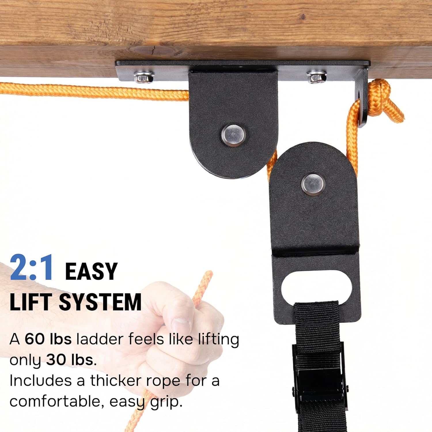Alternative view of Ladder Hoist for Garage Ceiling with Metal Pulley System Holds 150 lbs, 5.5" Low-profile Self Locking Storage Lift, Parallel or Perpendicular Mounted