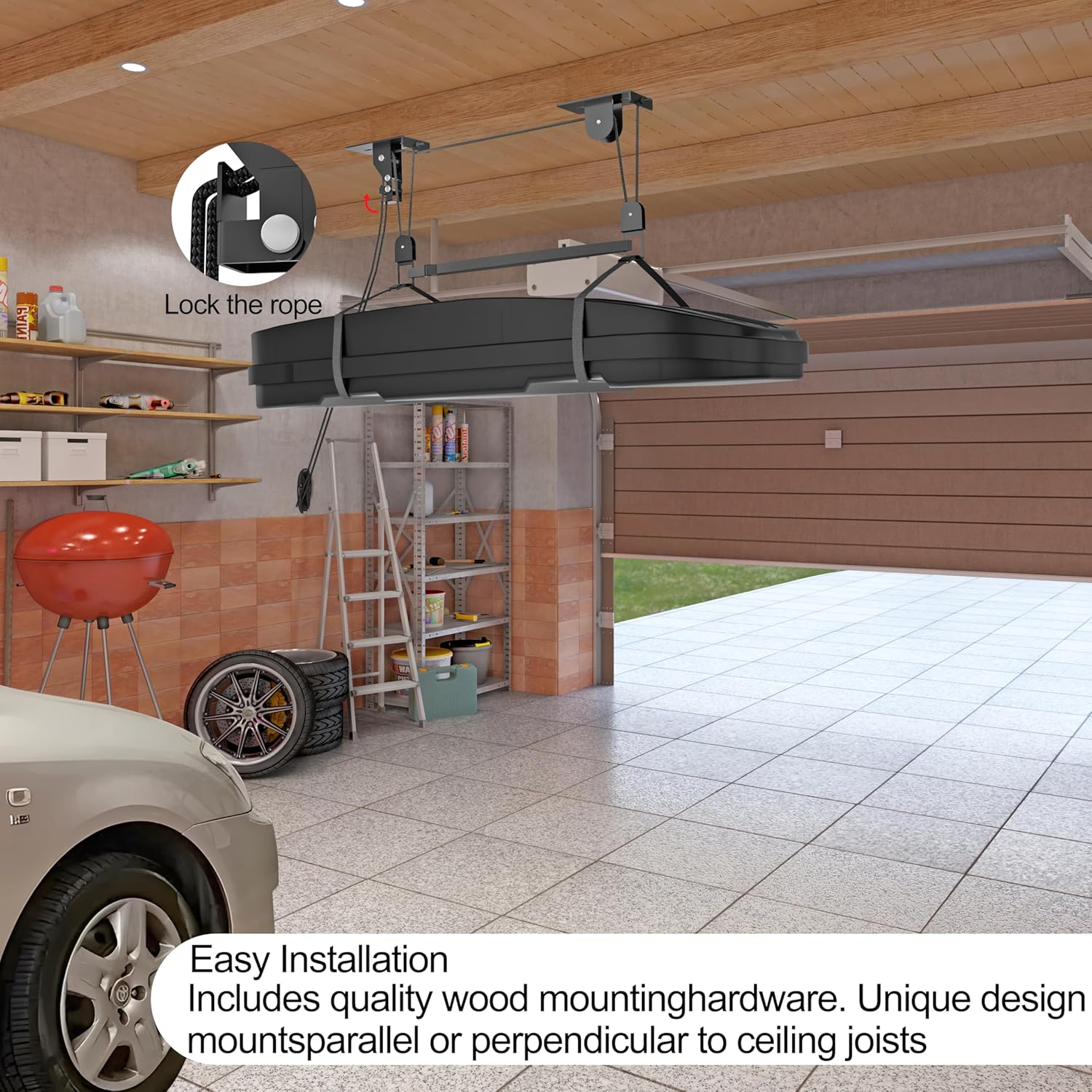 Ceiling Storage Hoist for Cargo Box - Heavy Duty Garage Storage Lift - Garage Pulley Lift System for Rooftop Carriers, Holds up to 150 lbs Capacity and Fit 10-14 Foot Tall Garage Ceilings