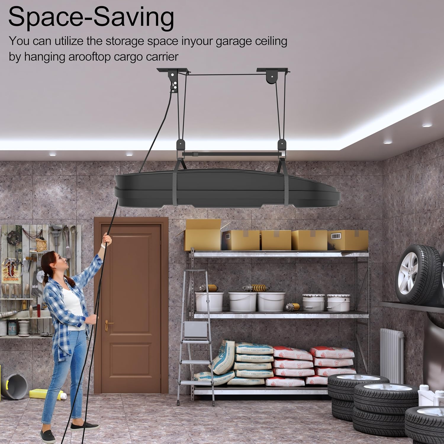 Alternative view of Ceiling Storage Hoist for Cargo Box - Heavy Duty Garage Storage Lift - Garage Pulley Lift System for Rooftop Carriers, Holds up to 150 lbs Capacity and Fit 10-14 Foot Tall Garage Ceilings