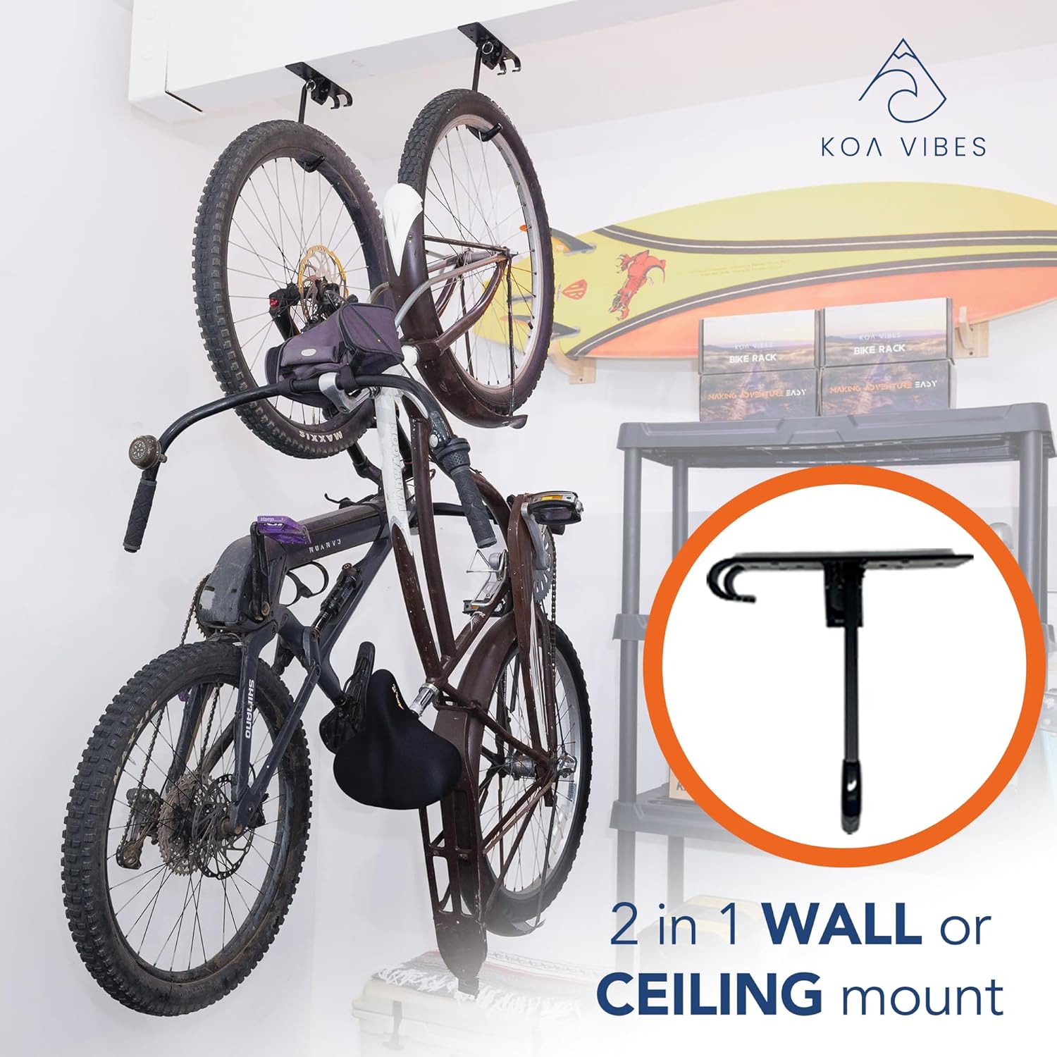Alternative view of Swivel Bike wall mount with gear hooks, One Pack, Organize Garage with Bike Storage, Vertical or Ceiling Mount, heavy duty construction for bikes up to 60lbs, bike rack garage organizer