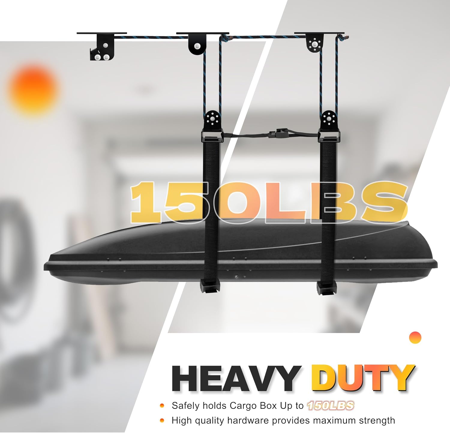 Hikeen Ceiling Hoist for Cargo Box, Heavy Duty Garage Storage Lift Pulley System Holds Up to 150 lbs Capacity, Fits 10-14 Foot Tall Garage Ceilings