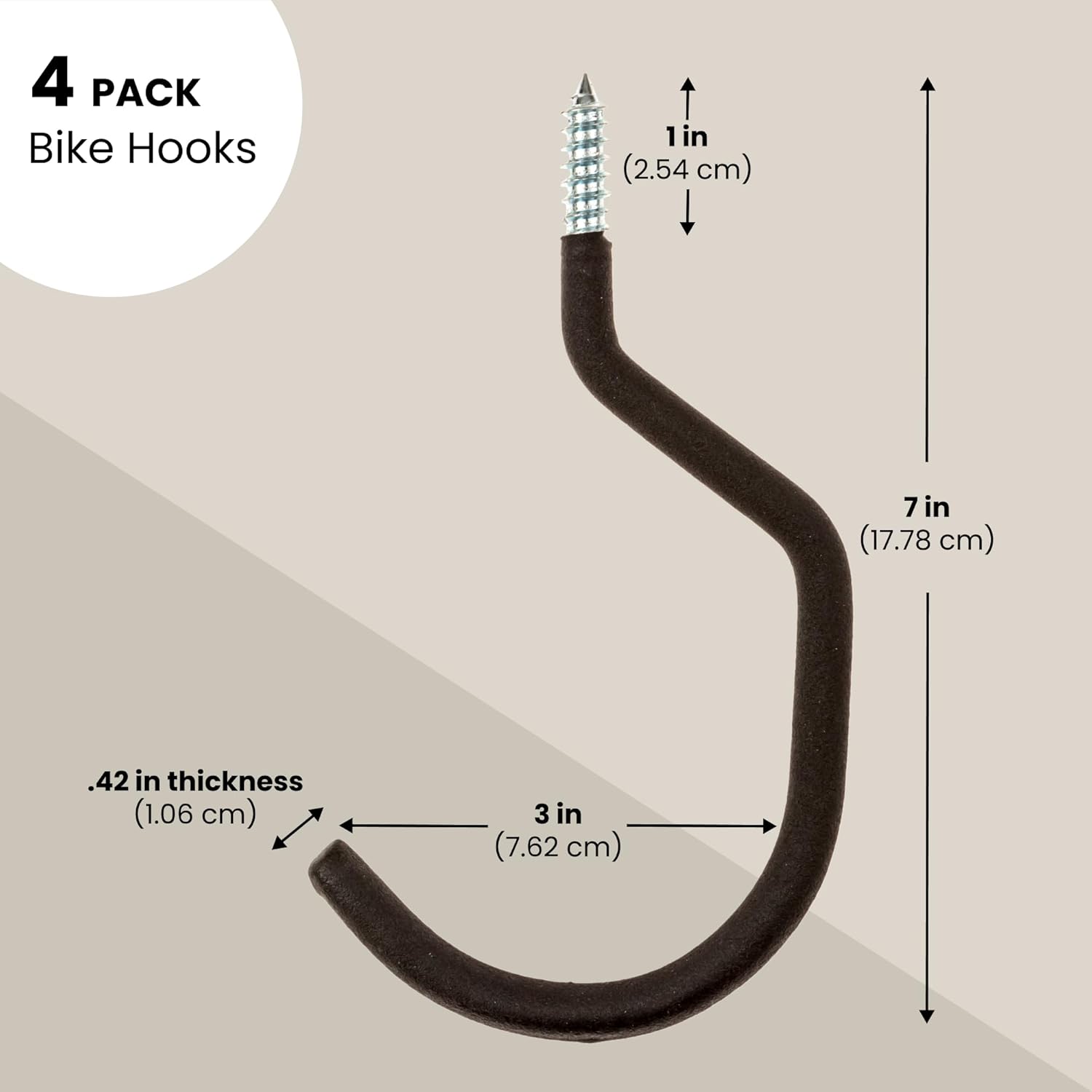 IMPRESA 4-Pack Bike Hooks for Garage Ceiling - 100 Lbs Capacity,7 x 4 in - Galvanized Steel & Non-Marring Finish Heavy Duty Hook - Wall Mount for Ceiling Bike Hangers - Universal Fit Bike Wall Mount