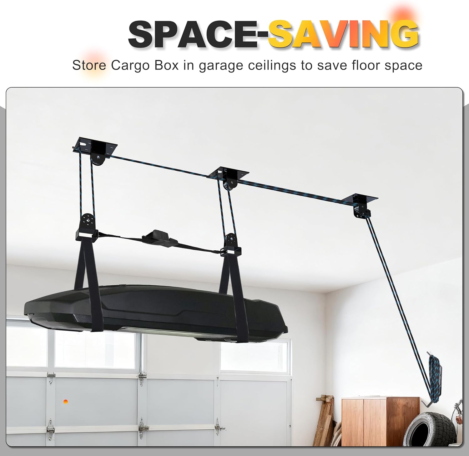 Alternative view of Hikeen Ceiling Hoist for Cargo Box, Heavy Duty Garage Storage Lift Pulley System Holds Up to 150 lbs Capacity, Fits 10-14 Foot Tall Garage Ceilings