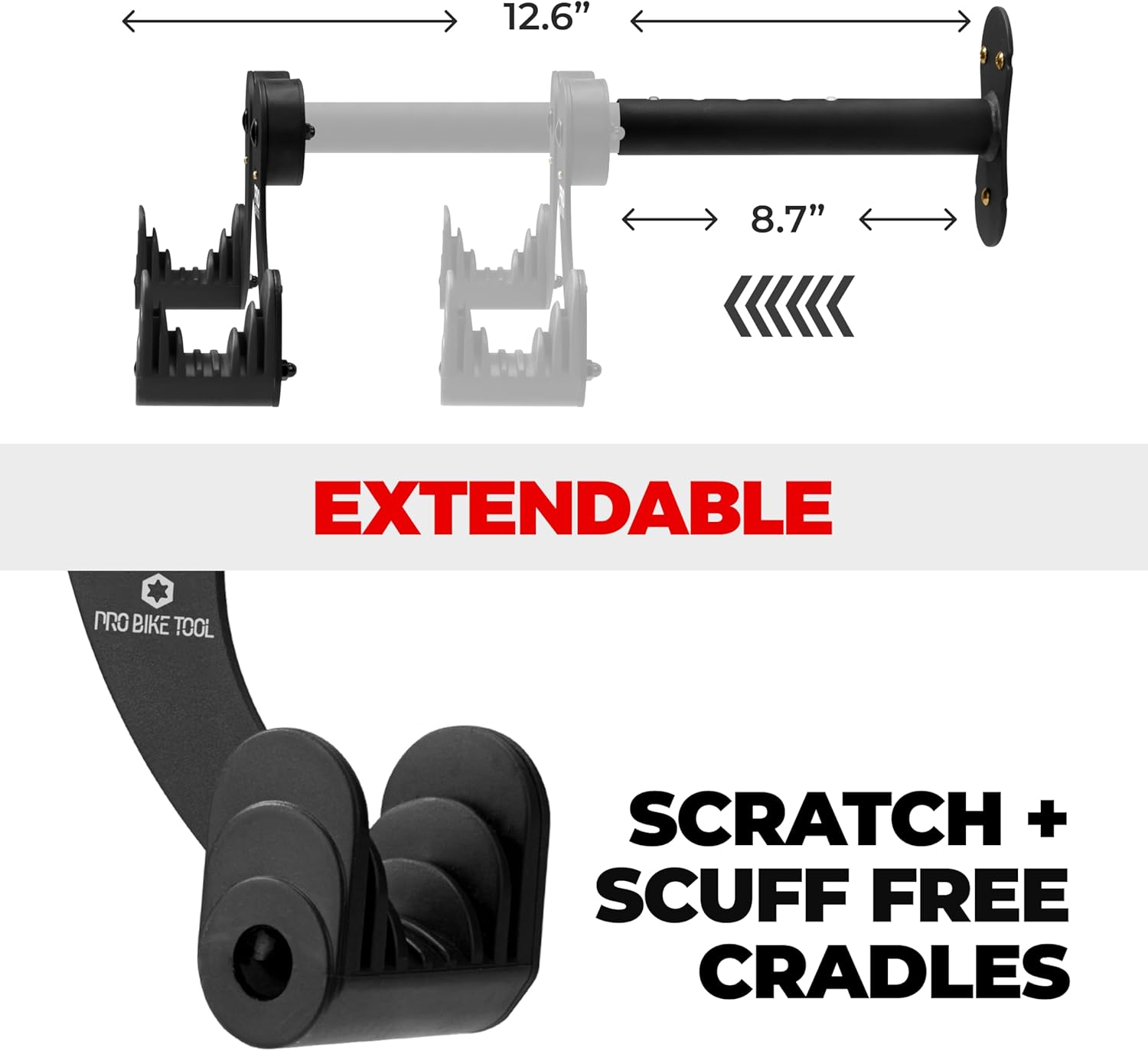 PRO BIKE TOOL Bike Rack Garage Wall Mount - Durable Alloy Bicycle Storage System with Adjustable Hook Hanger for Indoor Use - Ideal for Road, MTB, and Hybrid Bikes - Holds Up to 48.5 lbs, Black