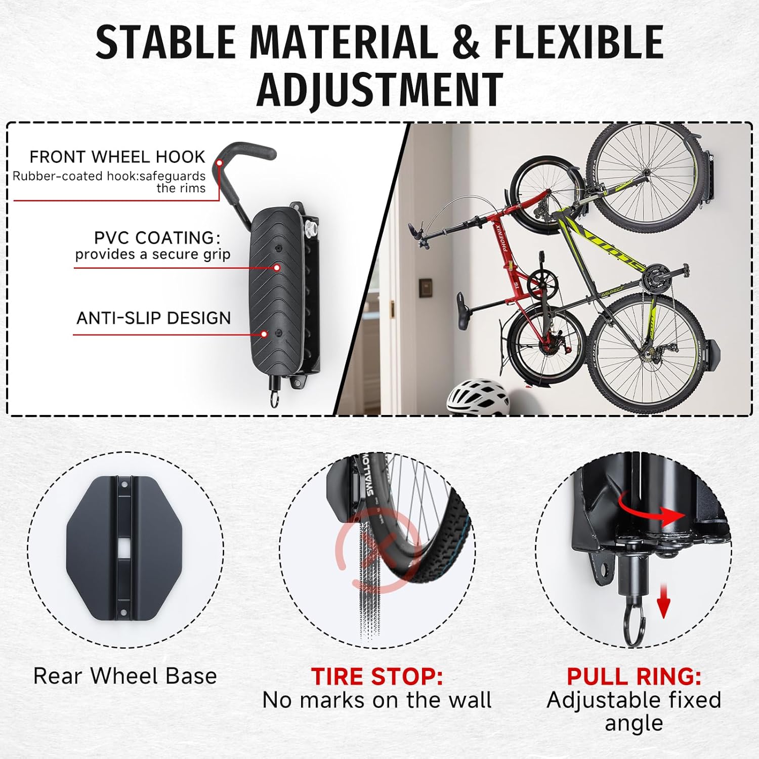 Alternative view of BYHUME Bike Rack Garage,Bike Wall Mount, 150° Swivel & Space-Saving Vertical Bike Hangers for Storage, Sturdy Bike Stand Holds Up to 66lbs, Easy to Install, 2 Pack