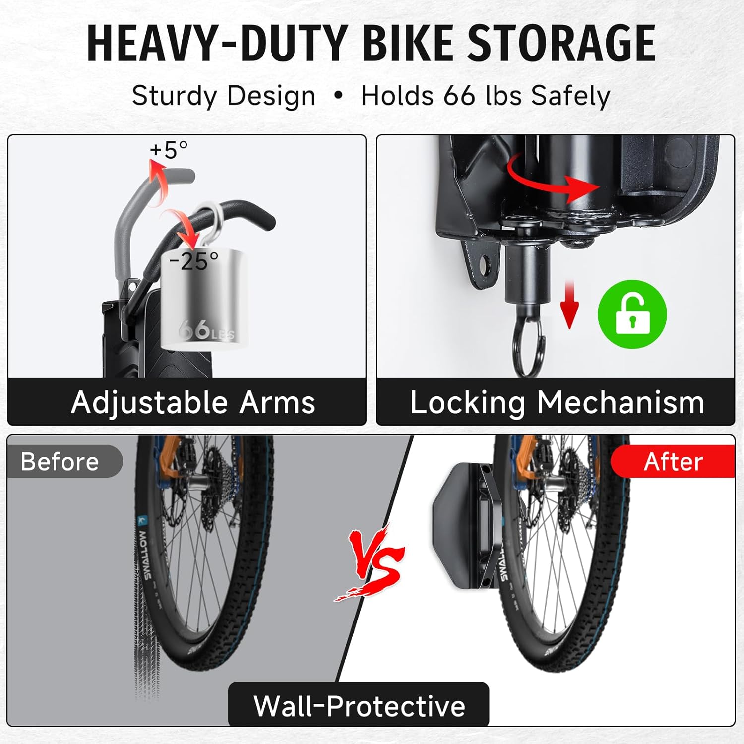 BYHUME Bike Rack Garage,Bike Wall Mount, 150° Swivel & Space-Saving Vertical Bike Hangers for Storage, Sturdy Bike Stand Holds Up to 66lbs, Easy to Install, 2 Pack - Image 3